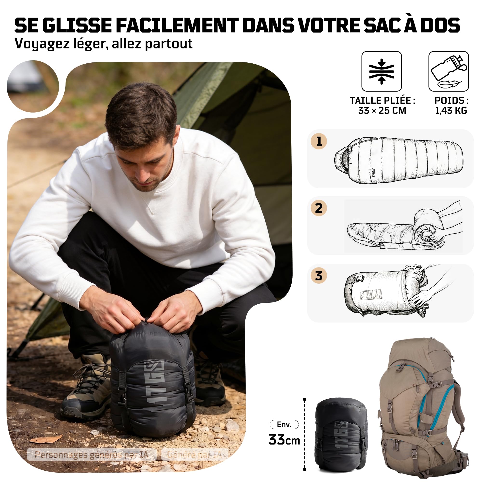 Sac de couchage sarcophage 2-3 saisons (confort 6 °C) – Sac de couchage d'été respirant pour adultes jusqu'à 185 cm – Nylon Ripstop compact 40D avec sac de compression pour camping, randonnée et