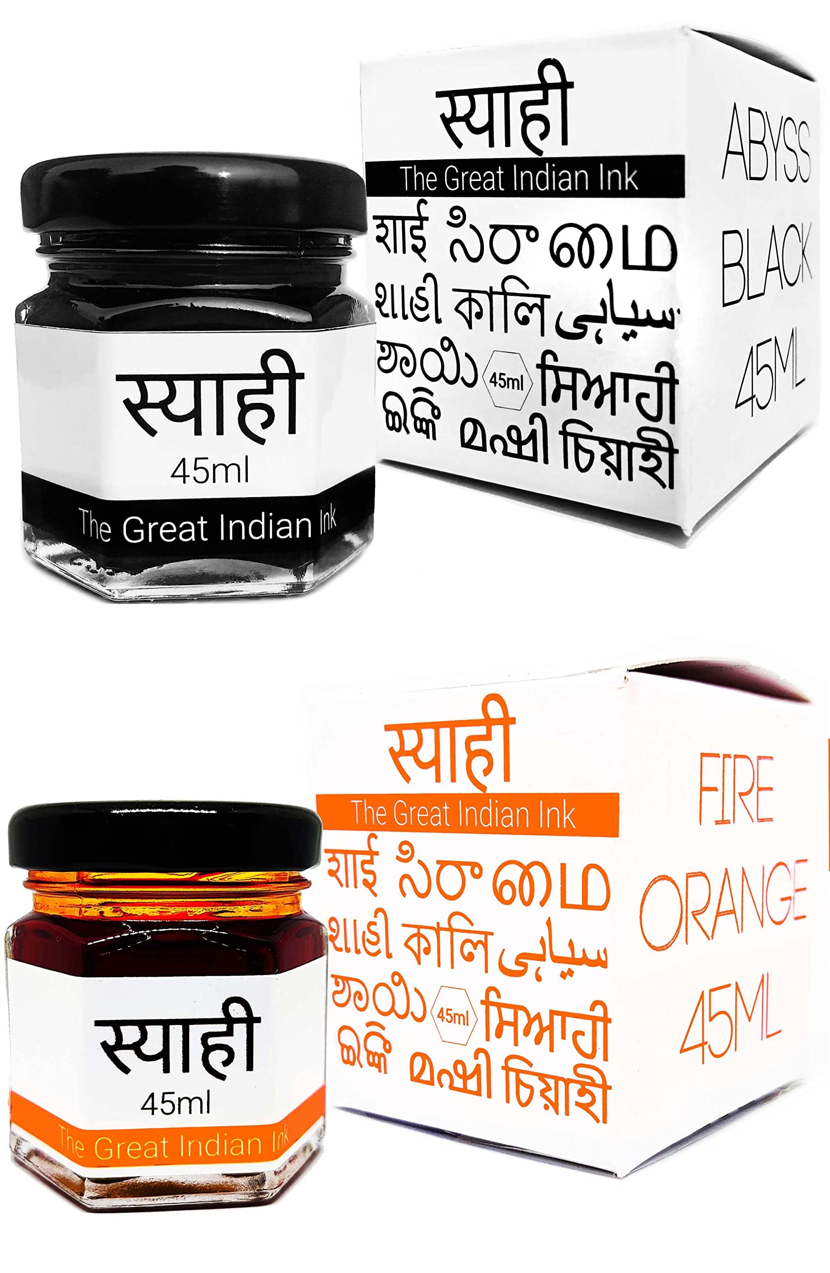 Syahi - The Great Indian Ink - Fountain Pen, Calligraphy, Drawing, Doodle, V5, V7, Trimax (Abyss-Black-Fire-Orange)
