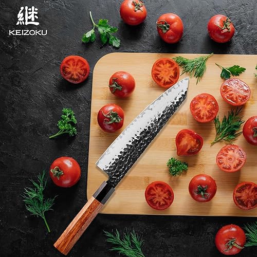 Miniatura 6 de Cuchillo de chef japonés Kiritsuke de 8 pulgadas, 3 capas, acero de alto carbono 9CR18MOV, cuchillo profesional para sushi de carne martillada a