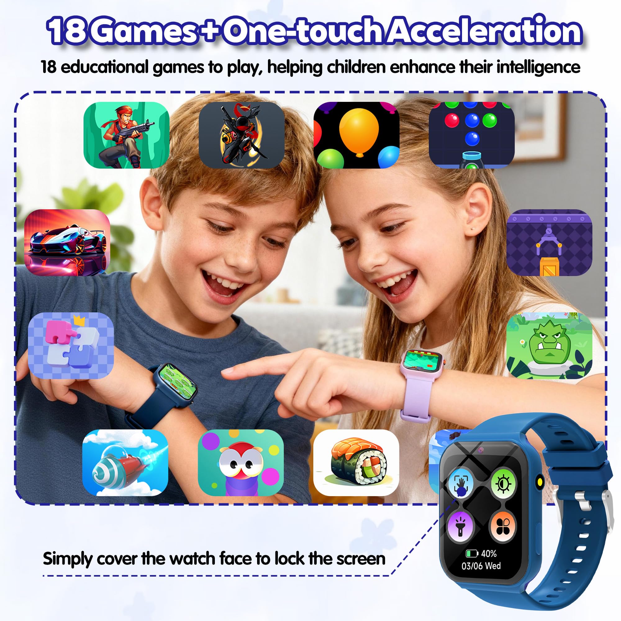 Reloj Inteligente Niño Pulsera Actividad, IP68 1.8" HD Smartwatch Niño y Niña 3-15 Años, Podómetro, Monitor de Sueño, Cámara, Modos Deportivos, Alarmas, 18 Juegos, Linterna, Fondo DIY, Regalo Infantil
