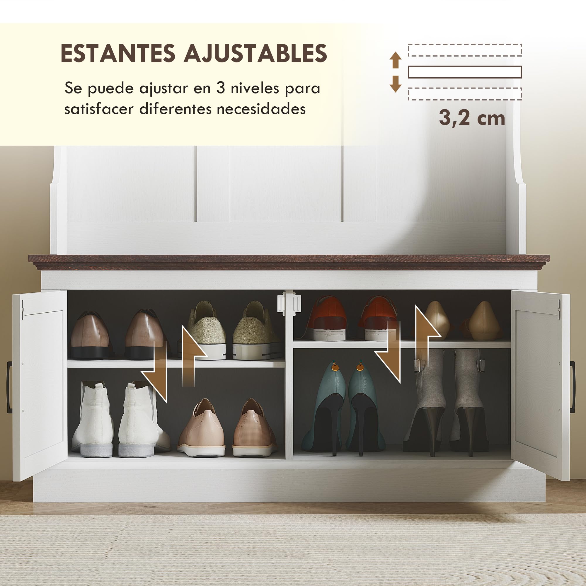 HOMCOM Perchero Zapatero Banco Zapatero 2 Puertas 105x40x180 cm Blanco | Perchero para Entrada Recibidor, 5 Ganchos, 3 Estantes Superiores, Estilo Rústico, para Salón Dormitorio Pasillo
