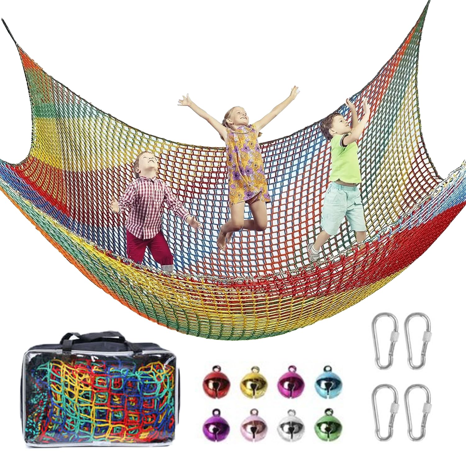 Rete Da Arrampicata Per Parco Giochi,3x3m Doppio Strato Rete Protezione Di Sicurezza Per Bambini,Adatto Per Uso Esterno e Interno,Include Una Borsa Portaoggetti,4 Ganci e 8 Campanelli(Arcobaleno)