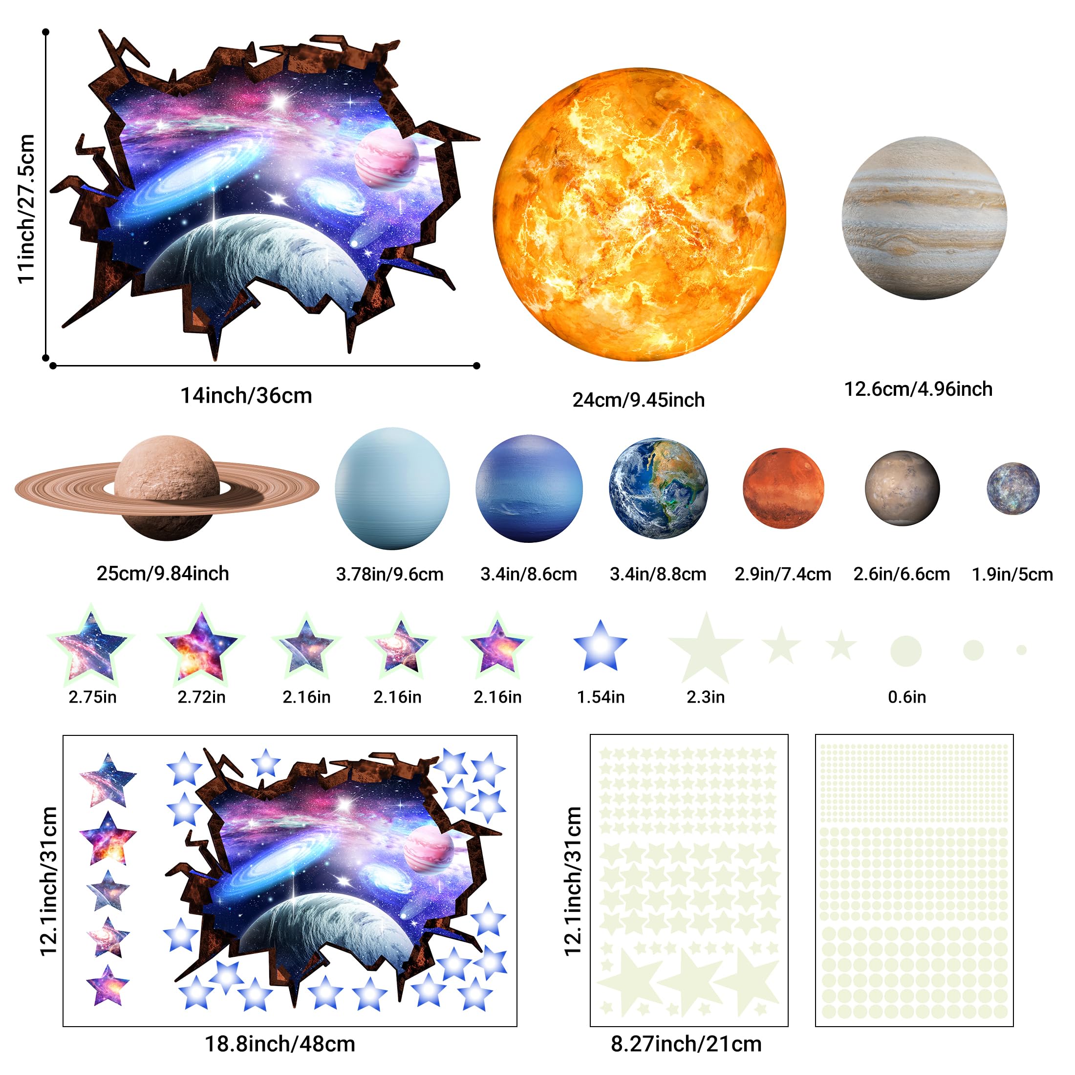 Stelle Fluorescenti Adesive Soffitto, 200 Pezzi 3D Stelle e Luna Luminose da Parete Decorazione