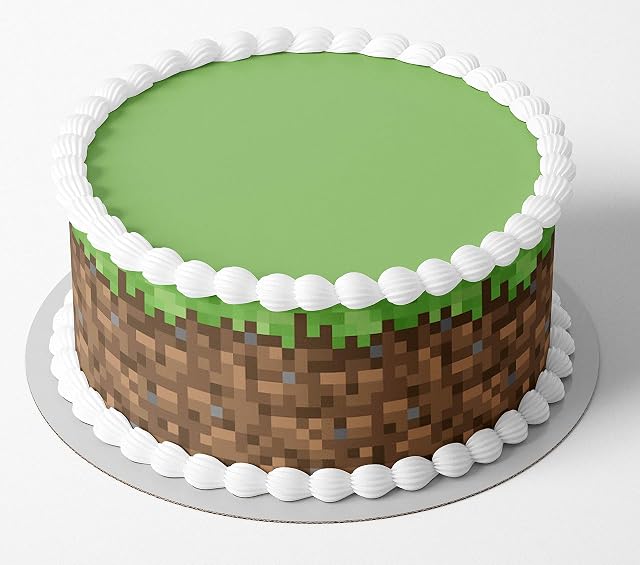 Grass Block Pixel Cake Bands Personalised Icing or Wafer Size can be Changed