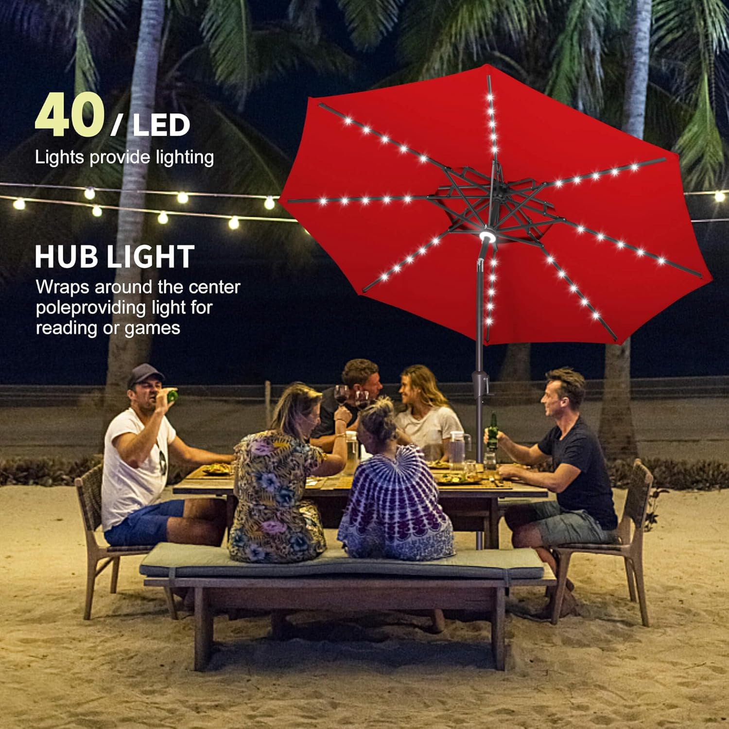 9ft Solar Umbrella Outdoor - Double Top Lighted Patio Umbrella with 40 LED Lights Waterprool Uv Protection, Table Umbrella with Tilt & Crank for Pool, Porch, Garden, Backyard(Red) - Image 7