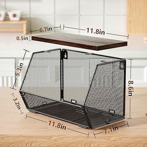 Miniatura 10 de Cesta colgante de frutas con tapa de madera, paquete de 2 organizadores apilables para encimera de cocina, almacenamiento de cebollas y papas, cesta