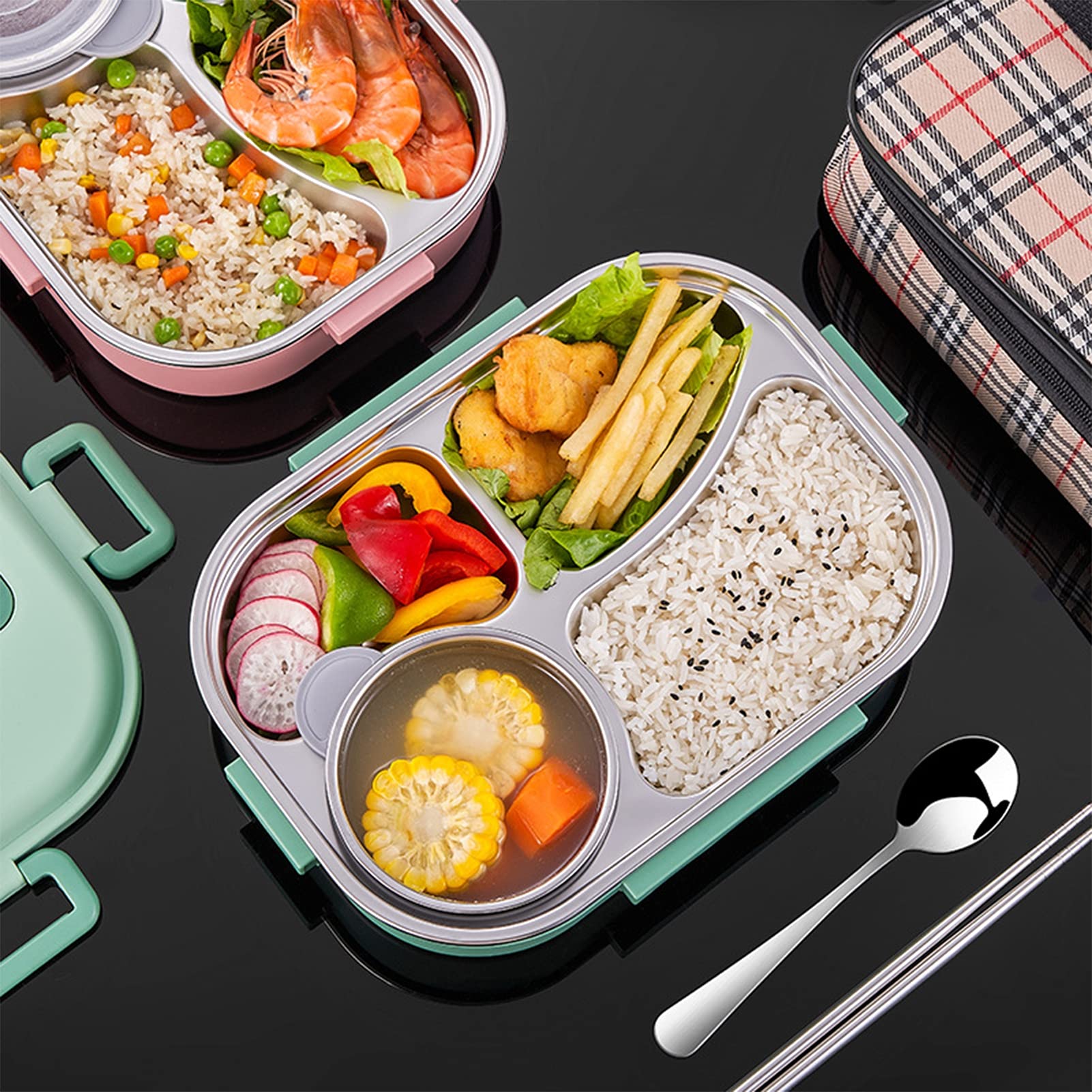 Fiambrera Bento con 4 Compartimentos, fiambreras de 1500 ml, Recipientes Termicos para Alimentos de Acero Inoxidable con lonchera y Cubiertos aislados,para Escuela Oficina Picnic,Rosado