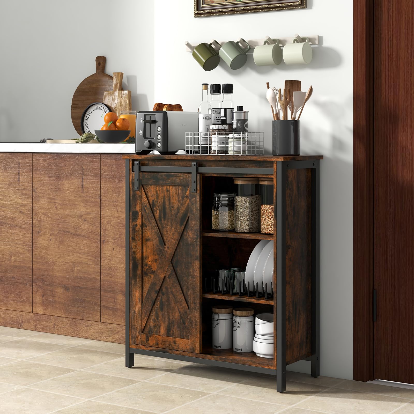 KOMFOTTEU Aparador de Cocina con Puerta Corredera de Granero | Mueble Buffet con 6 Compartimentos, Armario de Comedor con Estantes Ajustables de 3 Niveles, 70 x 30 x 81 cm