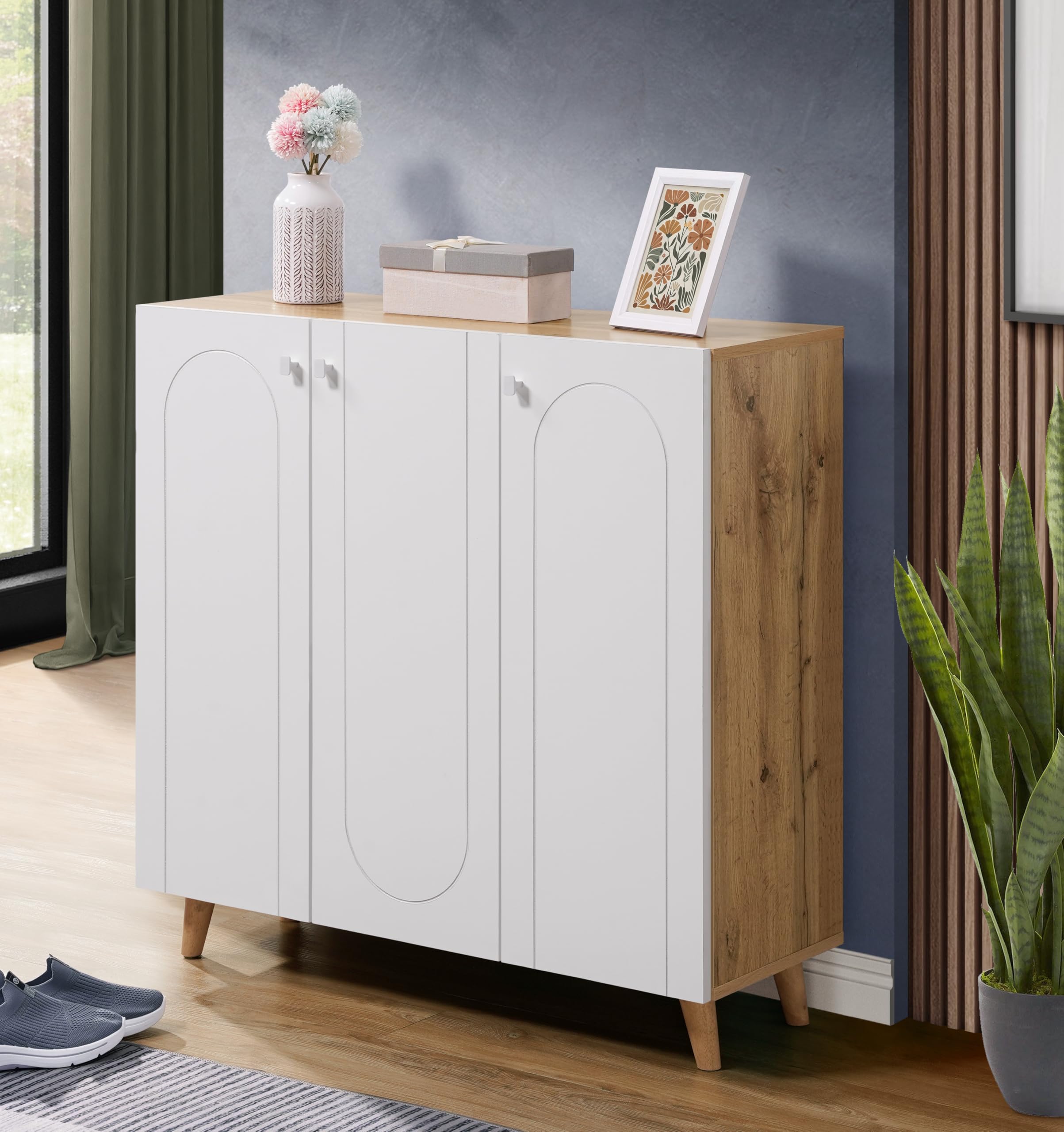 DeckUp Milo Engineered Wood 3-Door Shoe Rack (Wotan Oak & White, Matte Finish)-image-38