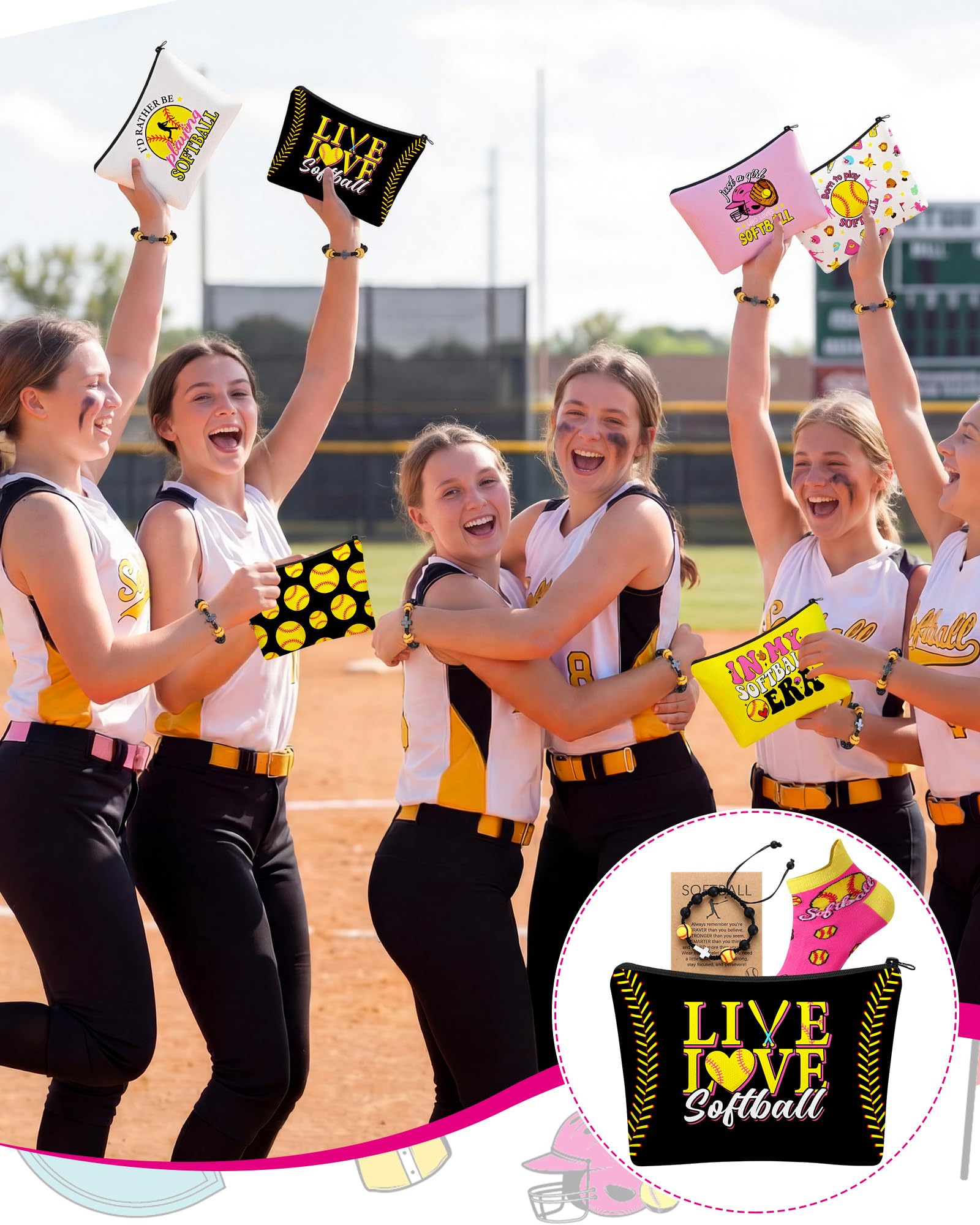48 Pcs Softball Team Gifts for Women Include Cosmetic Bags Socks Bracelets and Cards for Teen Girls Players Coach