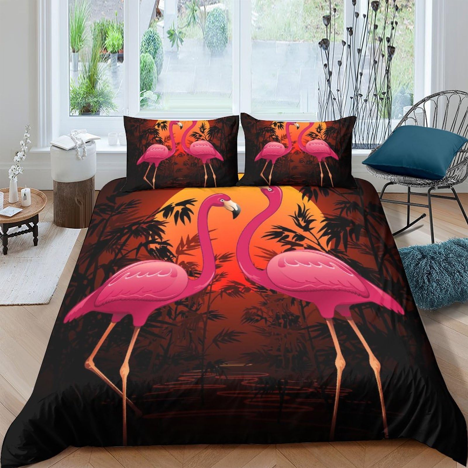 GPLZQXKJNH 3D Printed Pink Flamingo Duvet Cover Microfiber Soft Breathable Tropical Bird Bedding Set with 2 Pillowcases for Bedroom Decor Single（135x200cm）