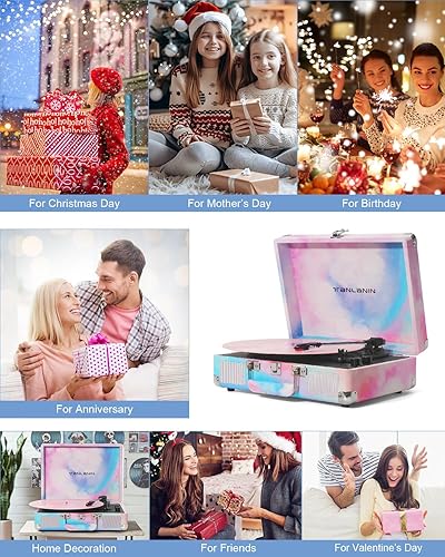 Miniatura 7 de Tocadiscos de vinilo de acuarela con control de agudos y graves, tocadiscos portátiles vintage de 3 velocidades con Bluetooth con altavoces