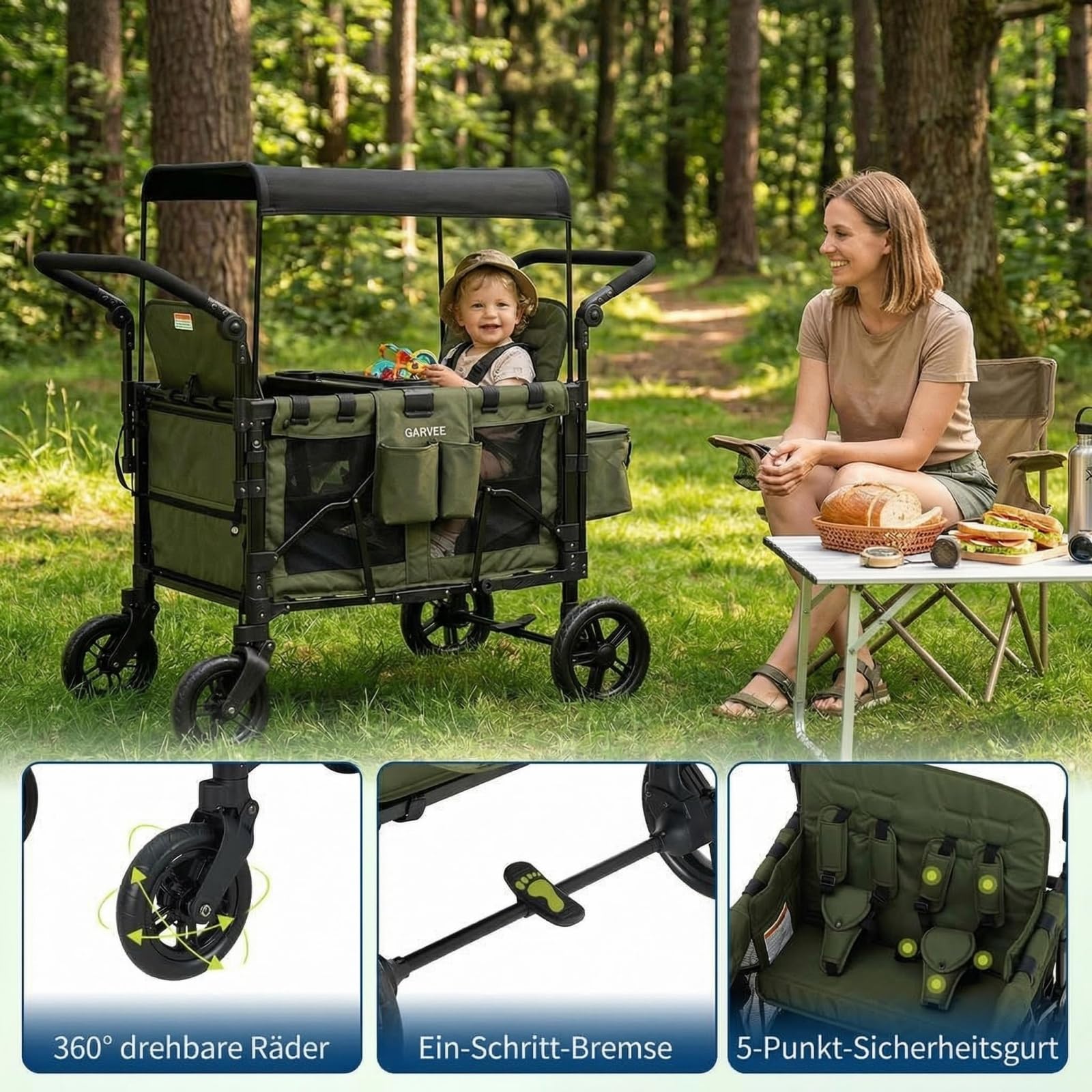 Bollerwagen faltbar mit 4 Sitze,Premium Bollerwagen für 4 Kinder mit Dach Kinderwagen Handwagen mit 5-Punkt-Gurt,Snack Tablett,Sonnenschutzdach,geländegängigen PU-Rädern
