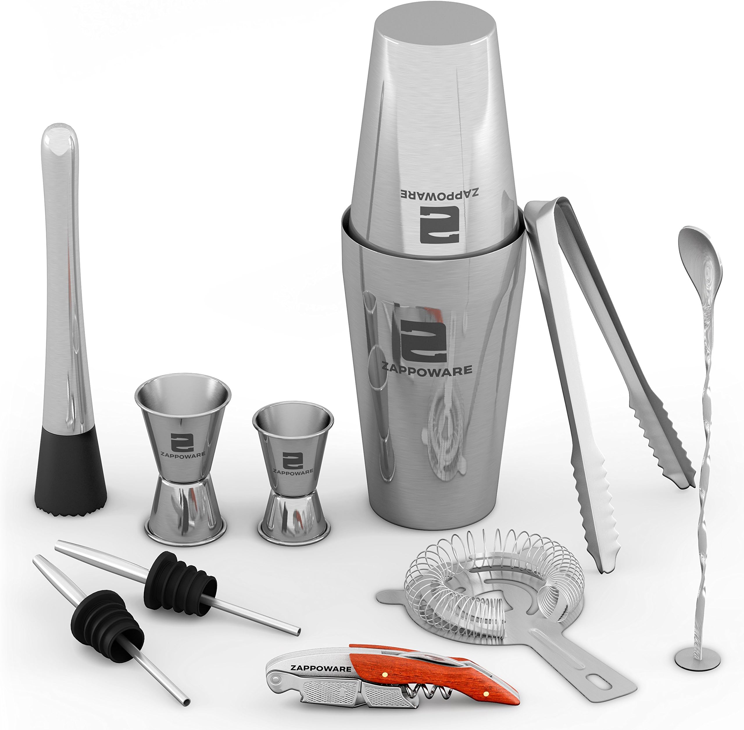 ZAPPOWARE Bartender Kit with Boston Cocktail Shaker - 11 Piece Bar Set - Ideal even as Home Bar Drink Mixing Tool Kit
