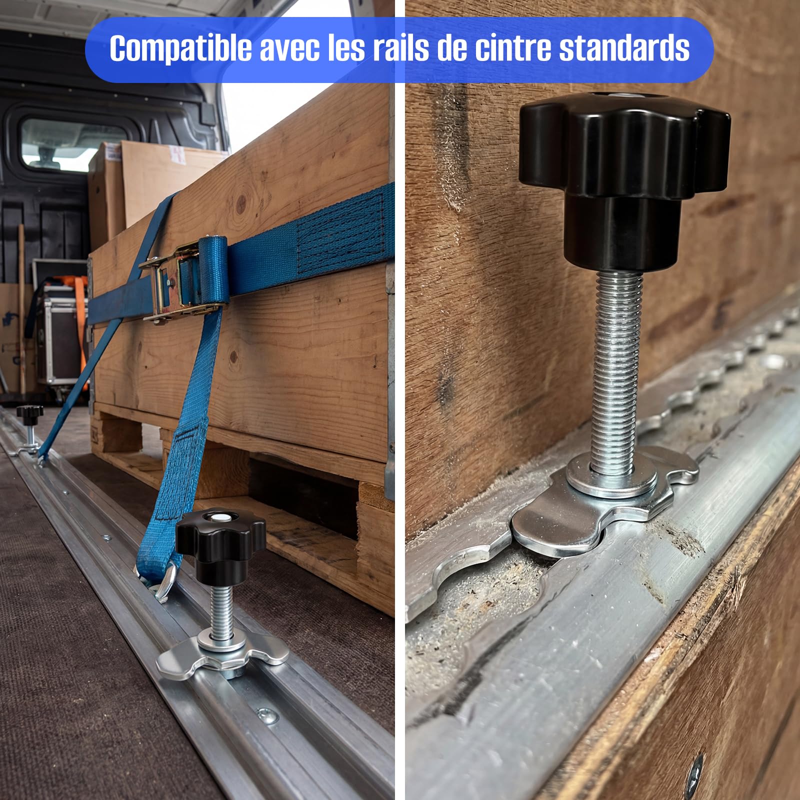 Lot de 12 raccords à vis simples pour rail d'arrimage - M8 x 60 - Avec poignée en étoile - Pour rail d'arrimage - 500 daN - Galvanisé