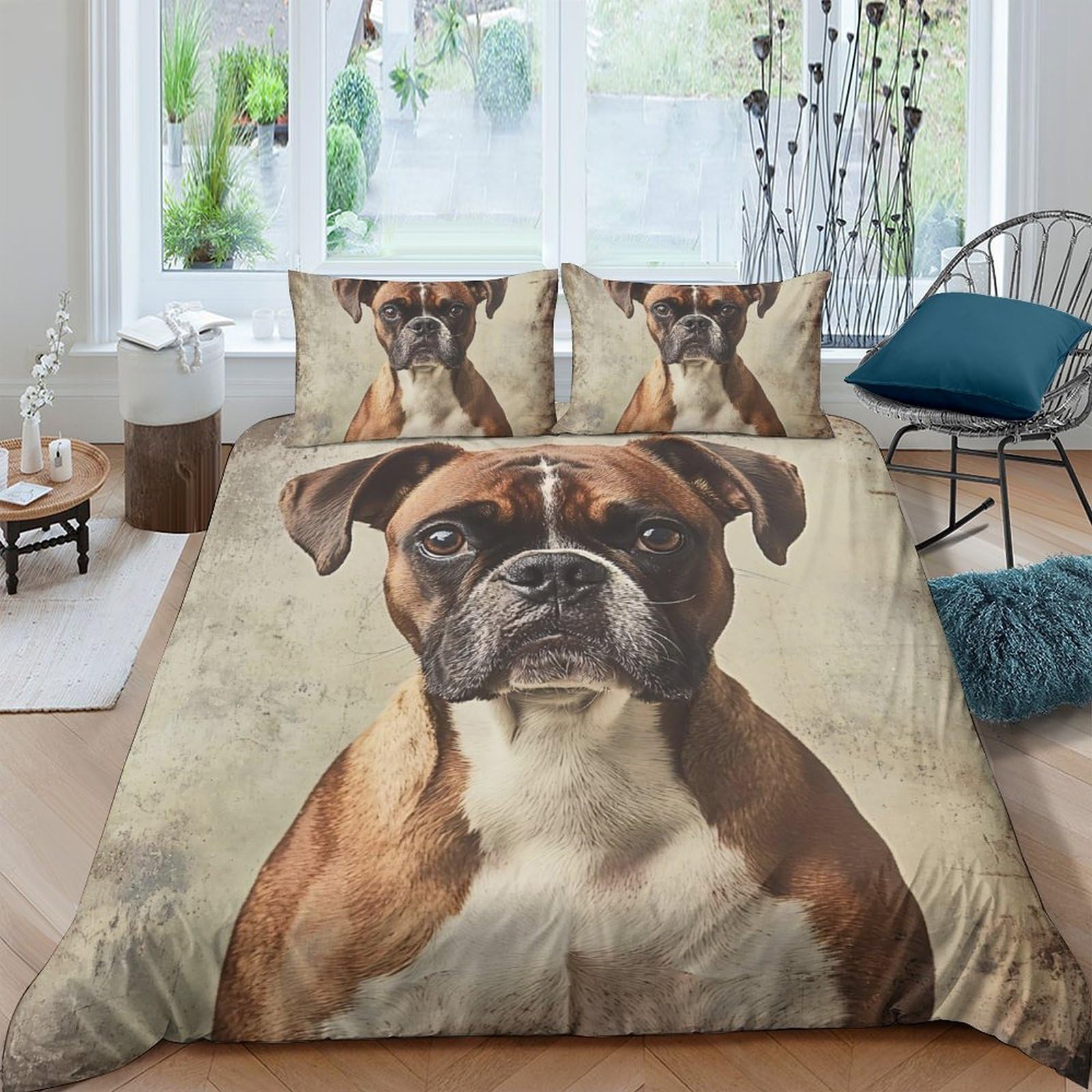 TUFRTGYHN 3D Printed Boxer Dog Duvet Cover Microfiber Soft Breathable Brown Pet Quilt Cover Set with 2 Pillowcases for Bedroom Decor Single（135x200cm）
