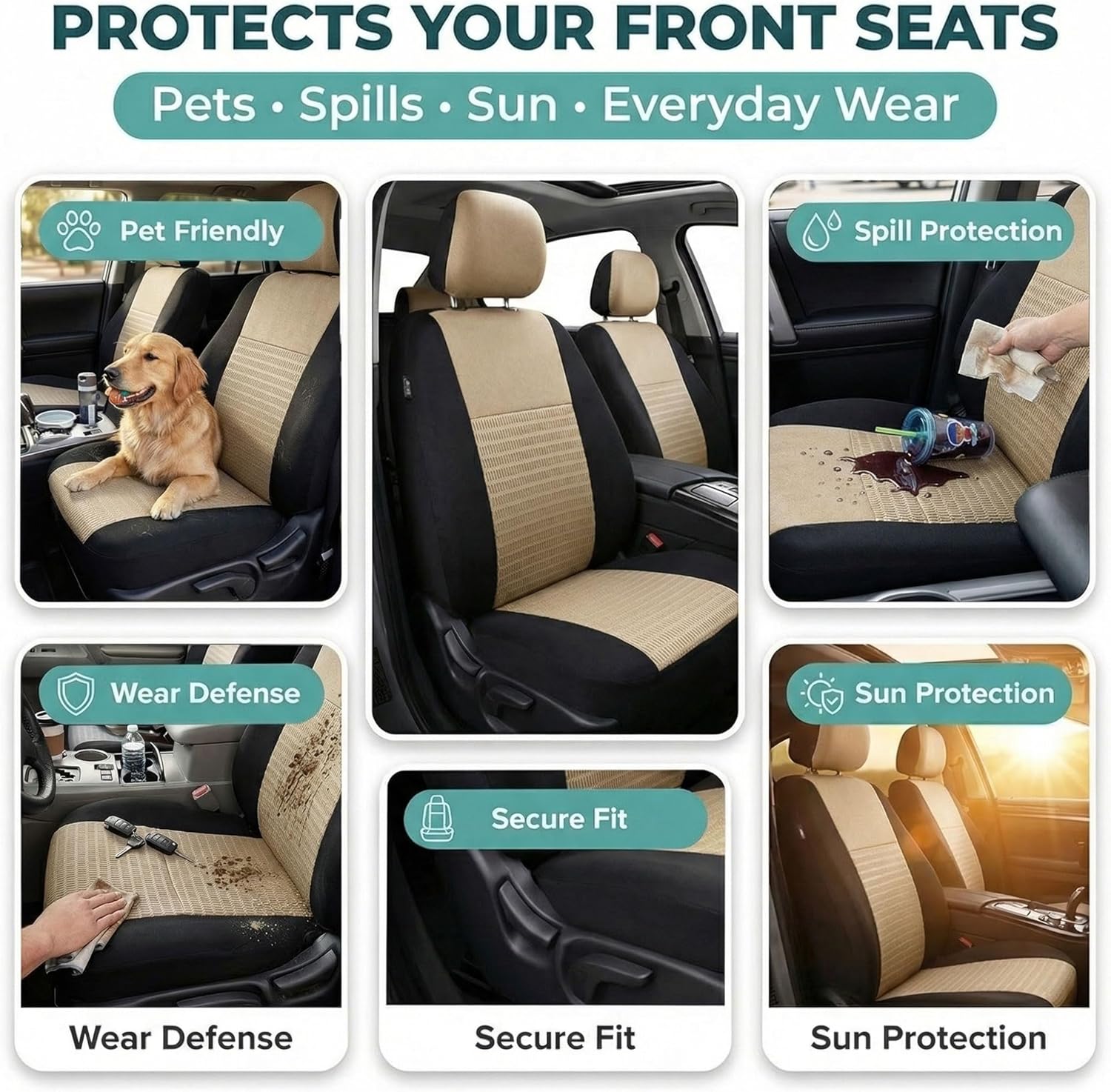 FH Group Universal Car Seat Covers Front Set for SUV Truck Sedan Vans | 3D Textured Breathable Fabric Seat Cover Set Protector with Airbag Compatible Interior Upgrade - Beige