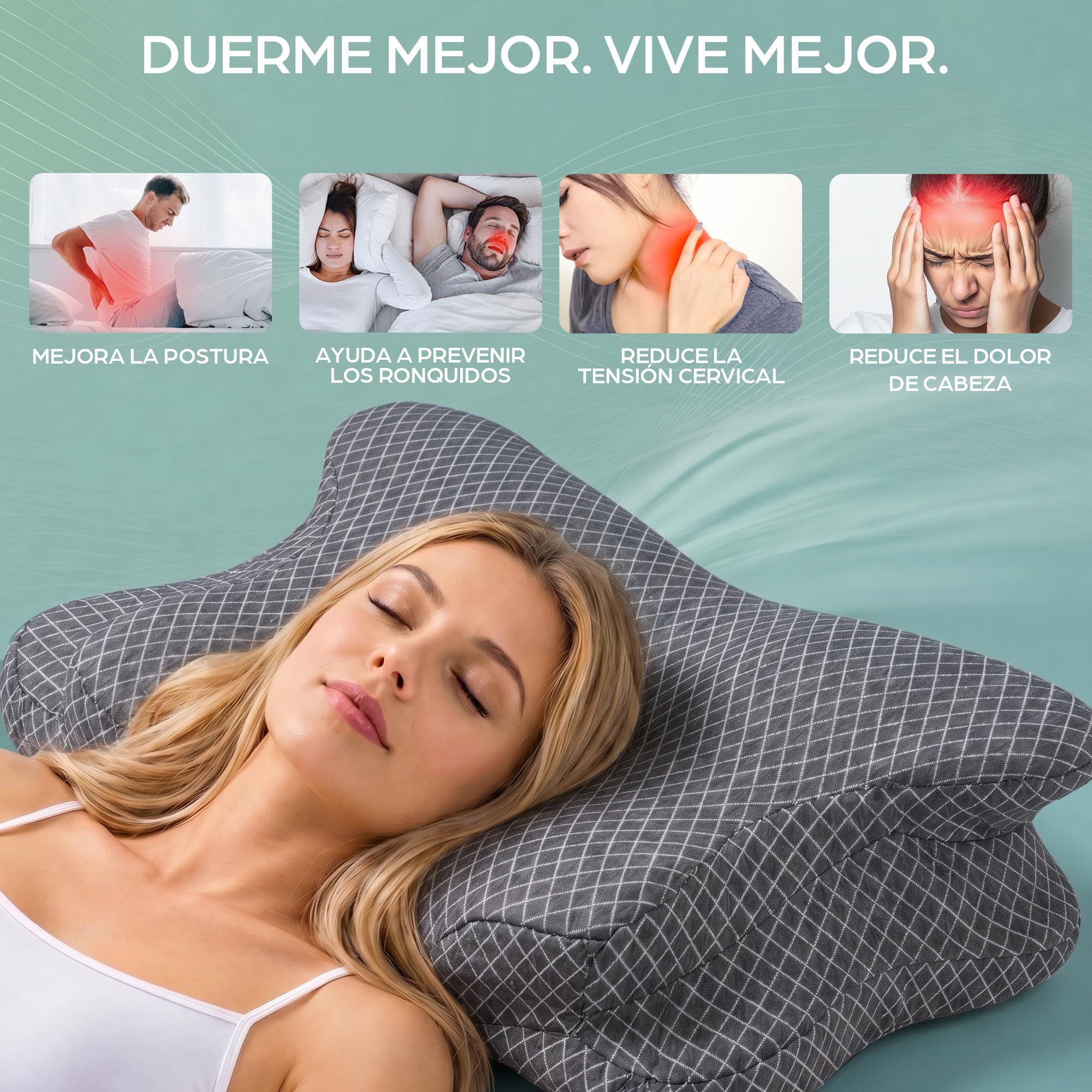 Almohada Cervical y Cuello Espuma Viscoelástica | Almohadas Cervicales Ortopédica Ergonómica para Dormir de Lado | Antironquidos Soporte Nuca Hombro | Dolores de Cuello | Funda Lavable Transpirable