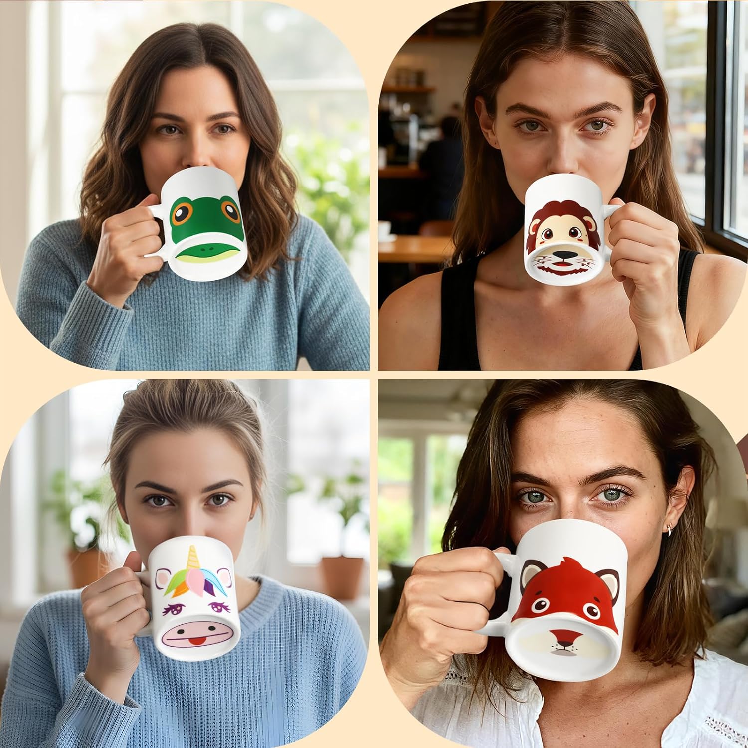 Potchen 6 Pcs Animal Mug Gift Set, Cute Animal Nose Coffee Mug Bulk Funny Ceramic Cup Monkey Unicorn Cat Milk Lion Fox Novelty Gift for Birthday Party Favor Friend Holiday Family