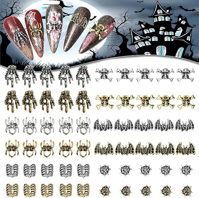 60 Pcs Halloween Nail Art Charms, 3D Skull Bat Spider Nail Rhinestones Alloy Metal Skeleton Hand Nail Art Decoration Gems for Halloween Party Manicure