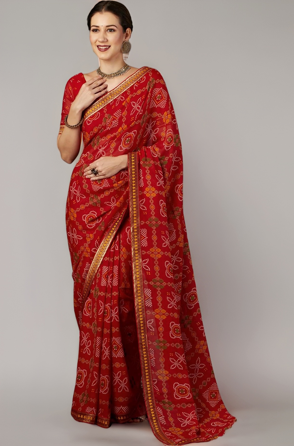 SIRIL Women's Georgette Bandhani Printed Saree With Unstitched Blouse Piece