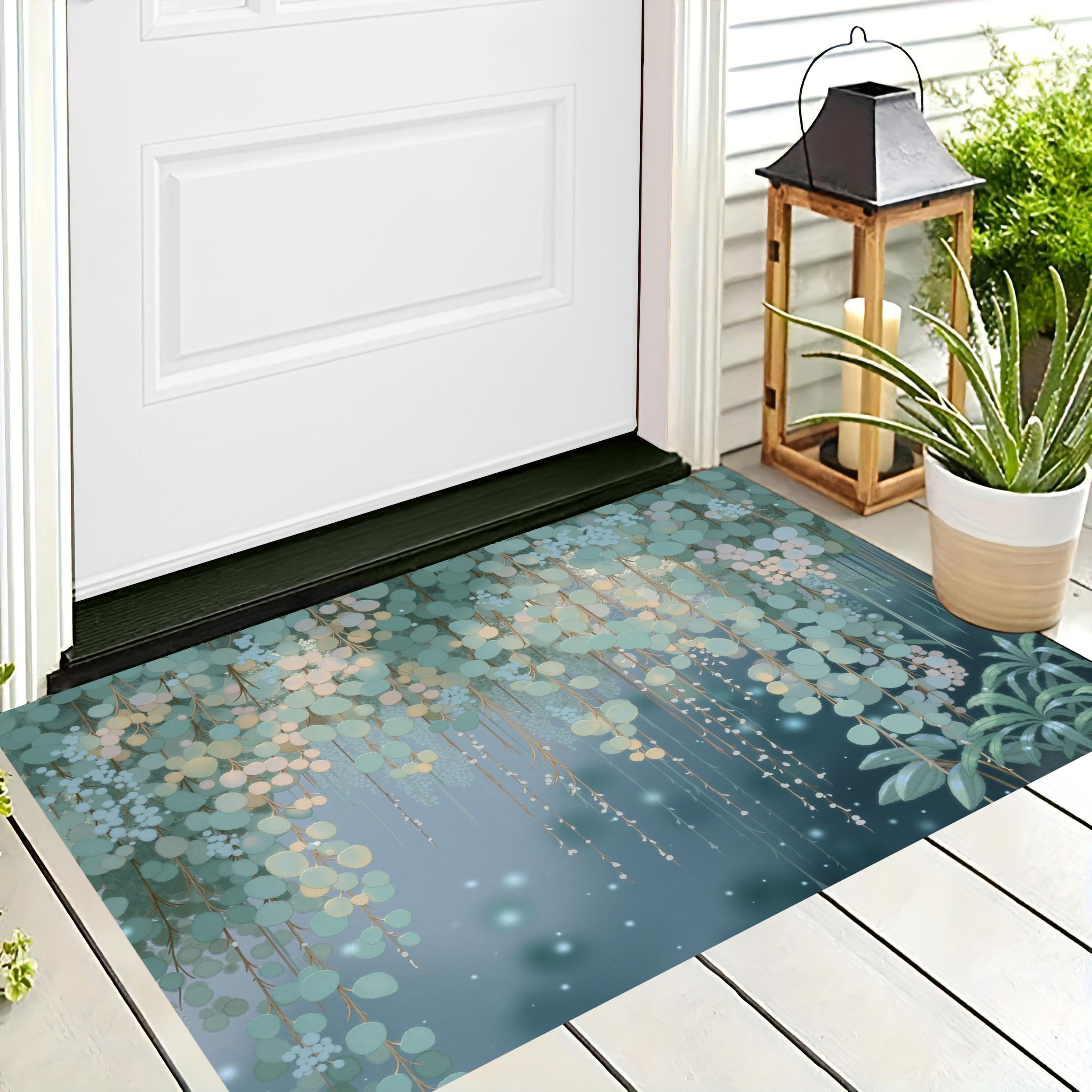 Tapis d'eucalyptus bleu-vert antidérapant et lavable pour l'entrée