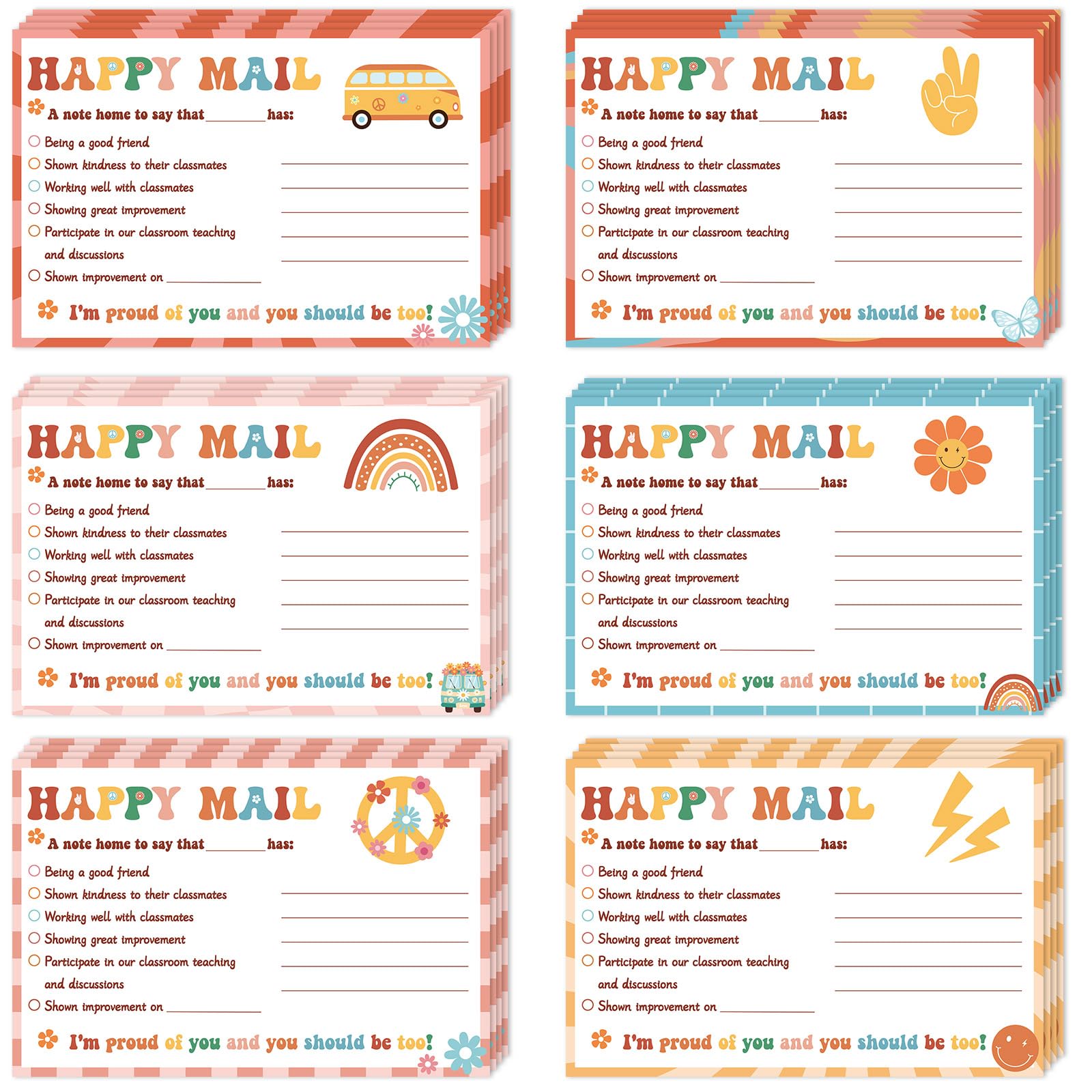 60 Pcs Retro Groovy Happy Mail Teacher Notes to Parents Classroom Good Behavior Incentive Motivational Cards Positive Postcards to Send Home for Home