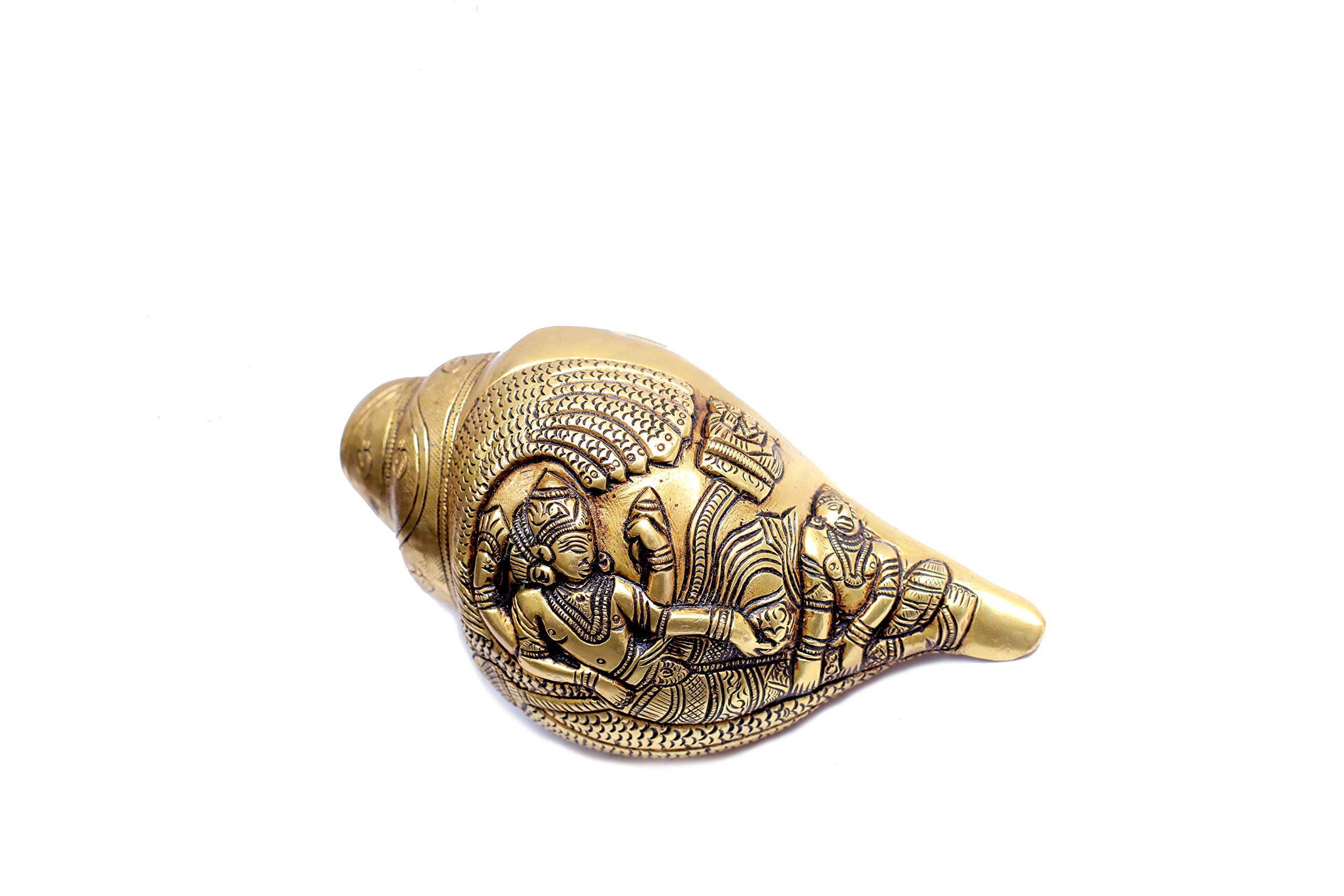 BHARAT HAAT Blowing Shankh Conch with Vishnu Lakshmi Laxmi Ji Carving Work Brass Material Handicraft Art (6.8 x 3 x 3 Inch, Yellow)