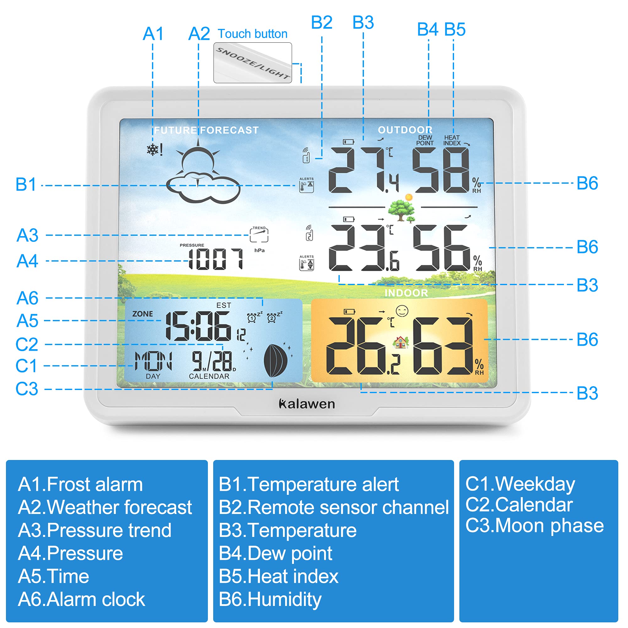 Stazione meteo radio con 2 sensori esterni, display digitale a colori, DCF, orologio radio per interni ed esterni, termometro, stazione meteo radio, con previsioni meteo e fase lunare (bianco)