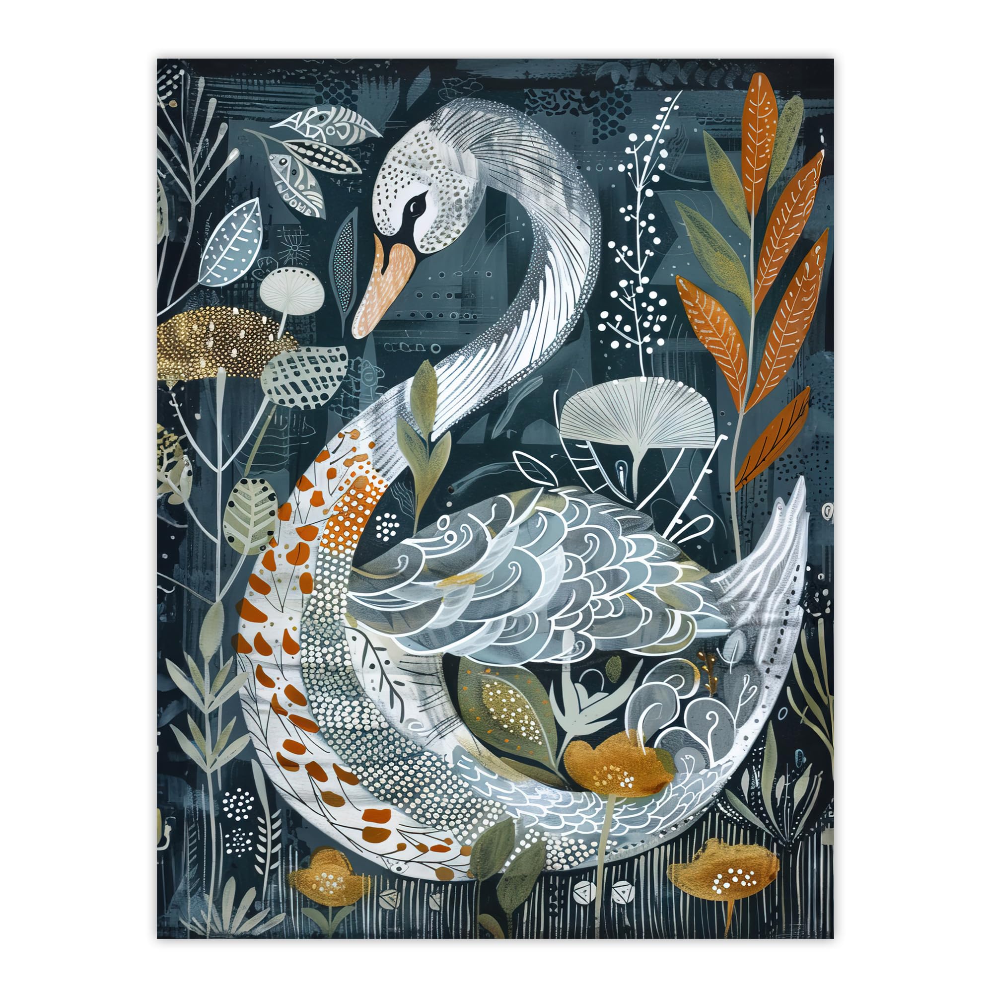 Artery8 Stylised Nature Pattern Swan Folk Art Painting Living Room Extra Large XL Wall Art Poster Print