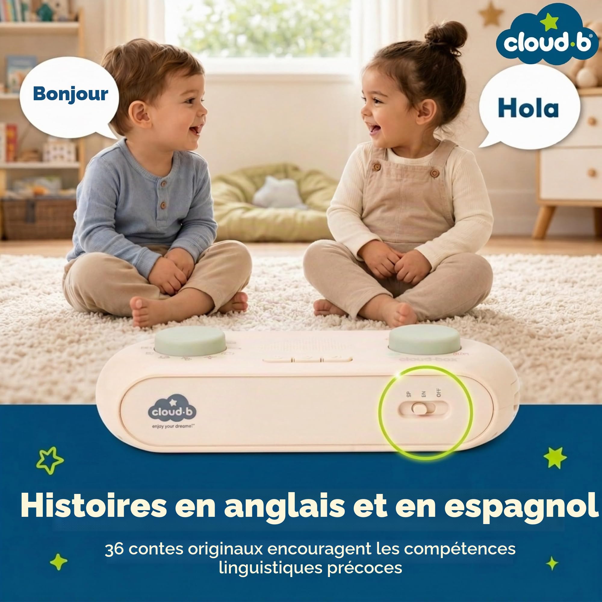 Cloud B CloudBox - Mi Primera Caja de sueños | Proyector Luz Nocturna y Cuentacuentos | 36 Cuentos Originales, 8 Melodías y 8 Ruidos Blancos | Recargable con Configuración Ajustable | Español/Inglés