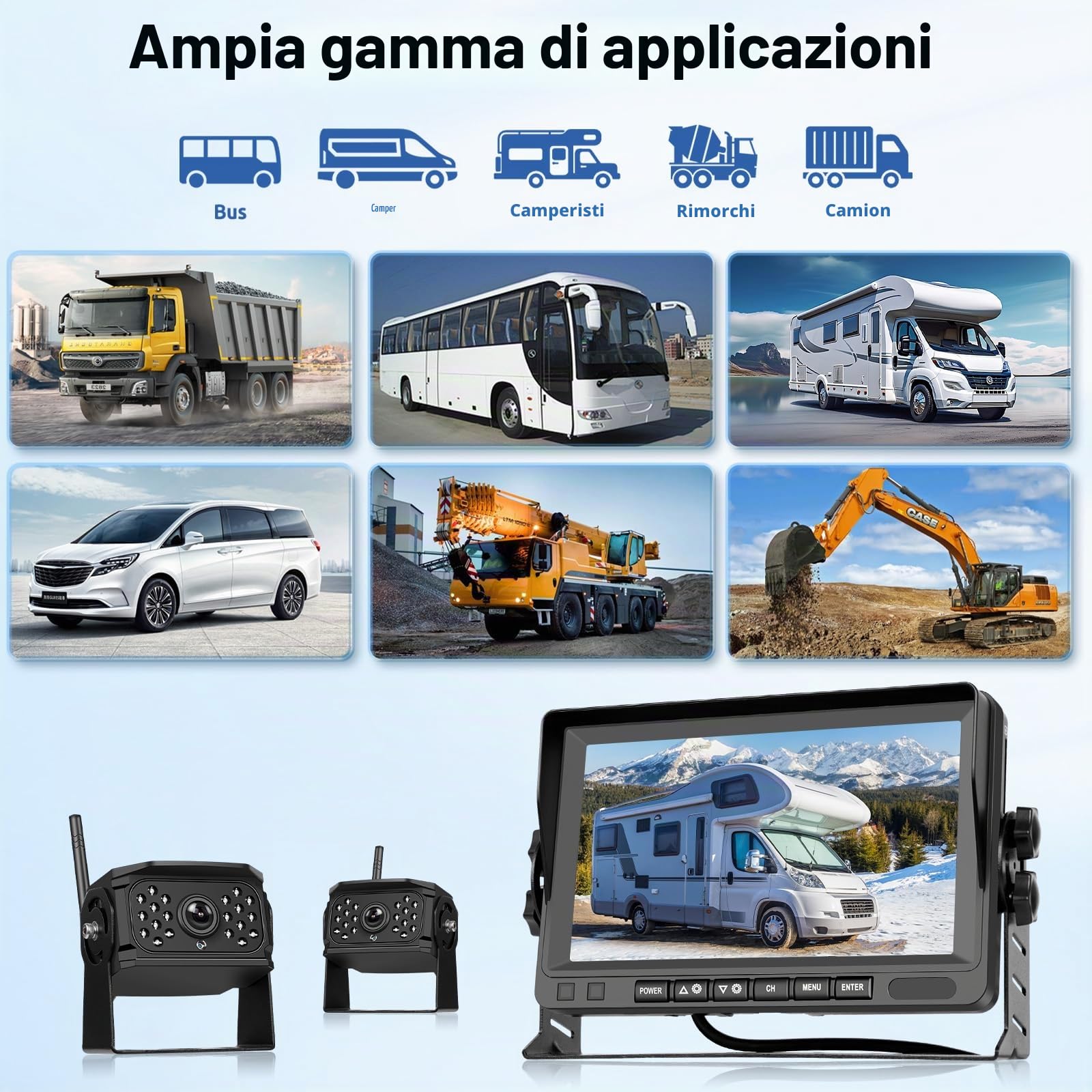 VECHTEL Telecamera Retromarcia Wireless 1080P con Monitor 7" IPS, Kit DVR+2 Telecamera Posteriore Auto, IP68, Visione Notturna, Linee Guida DIY, per Camion, Autobus, Van, Camper, SUV, Pick-up
