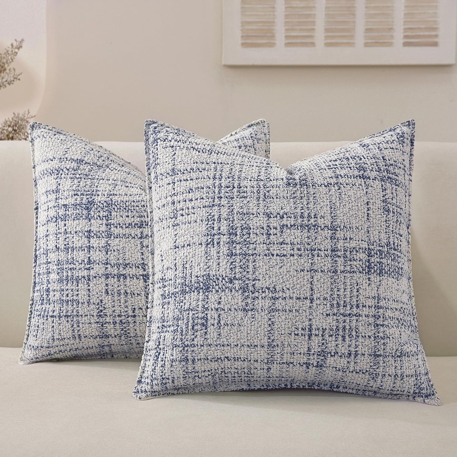 Chenille Throw Pillow Covers 18x18 Set of 2, Thick Soft Tweed Textured Decorative Boho Pillow Covers with Elegant Design for Couch, Sofa, Living Room, Blue