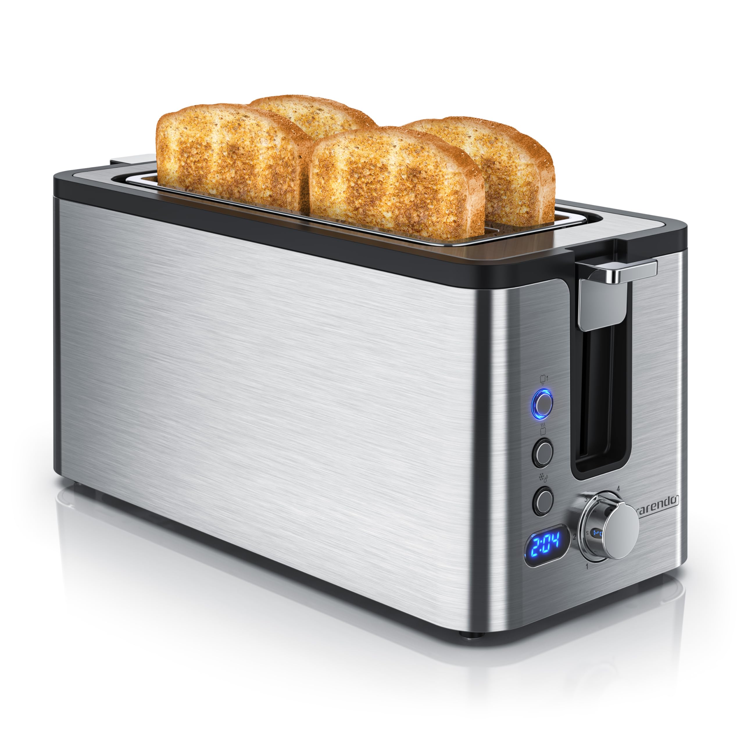 Arendo - Edelstahl Toaster Langschlitz 4 Scheiben - Defrost Funktion - wärmeisolierendes Gehäuse - mit integriertem Brötchenaufsatz - 1400W - Krümelschublade - Display mit Restzeitanzeige - Silber