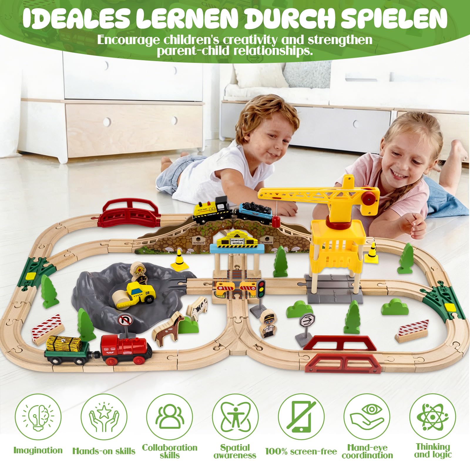Holzeisenbahn Set, Bergbau-Zugset für Kinder, Spielzeugeisenbahn für Jungen und Mädchen mit Holzeisenbahnschienen, Modelleisenbahn-Set, Bergbau Themen Holzeisenbahn Spielzeug, Geschenk für Kinder
