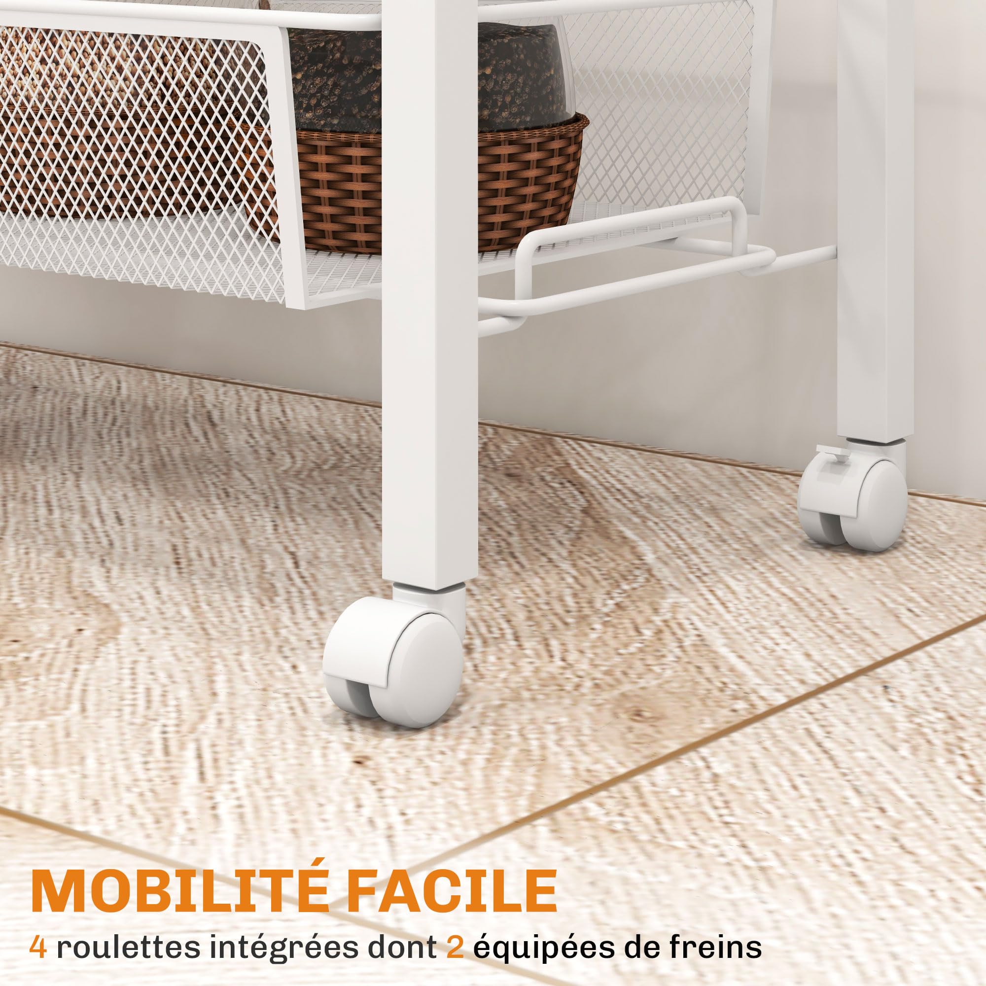 HOMCOM Desserte de Cuisine à roulettes Acier 58 x 18,5 x 87 cm Blanc | Chariot de Rangement, 3 Panier, 1 Panier Suspendu et Crochets, Chariot de Cuisine et Salle à Manger