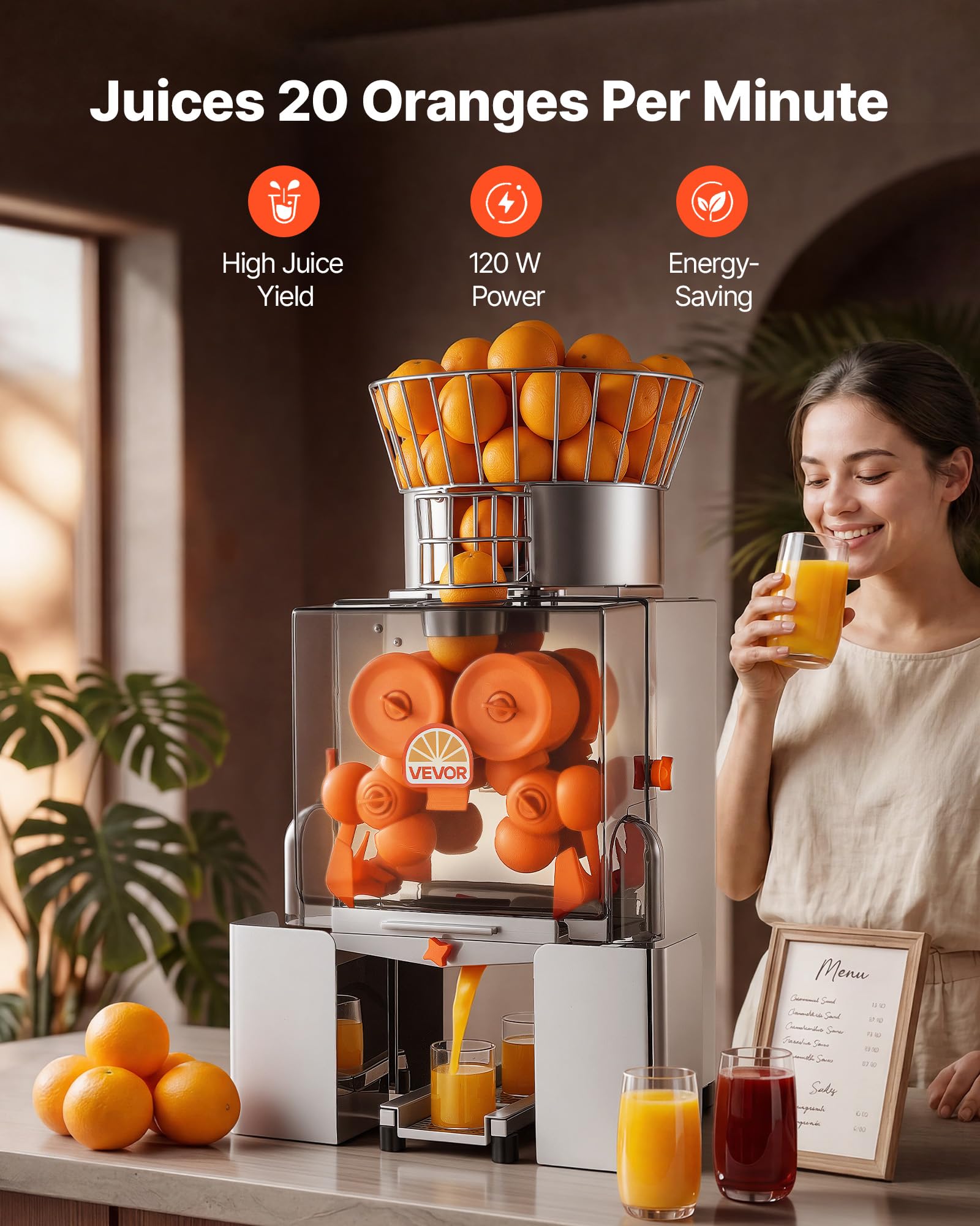 VEVOR Máquina Exprimidora Automática de Naranjas Comercial 120 W Eléctrico, De Acero Inoxidable y PC, Con 2 Recipientes, Capacidad para Hasta 20 Naranjas por Minuto, Para Limones y Cítricos 55-80 mm