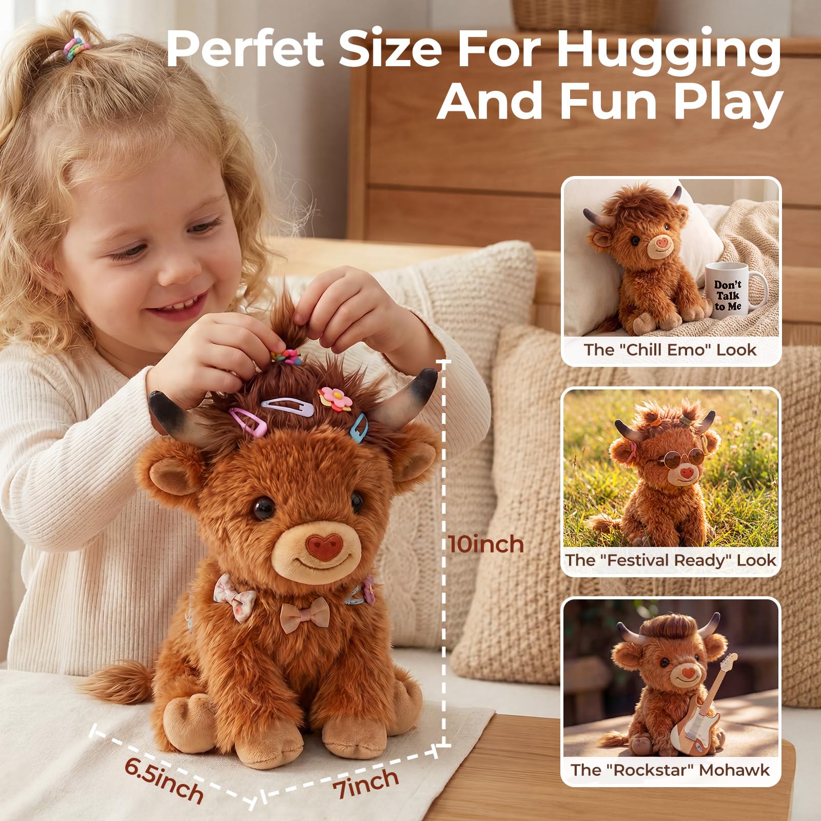 Mewaii Highland Cow Mikrowellen Wärmekissen, 25cm 0.45kg Gewichtskuscheltier mit Mikrowellengeeignetes Heizkissen, Süßes Flauschiges Hochlandrind Kuscheltier Festliches Geschenk für Kinder und Frauen