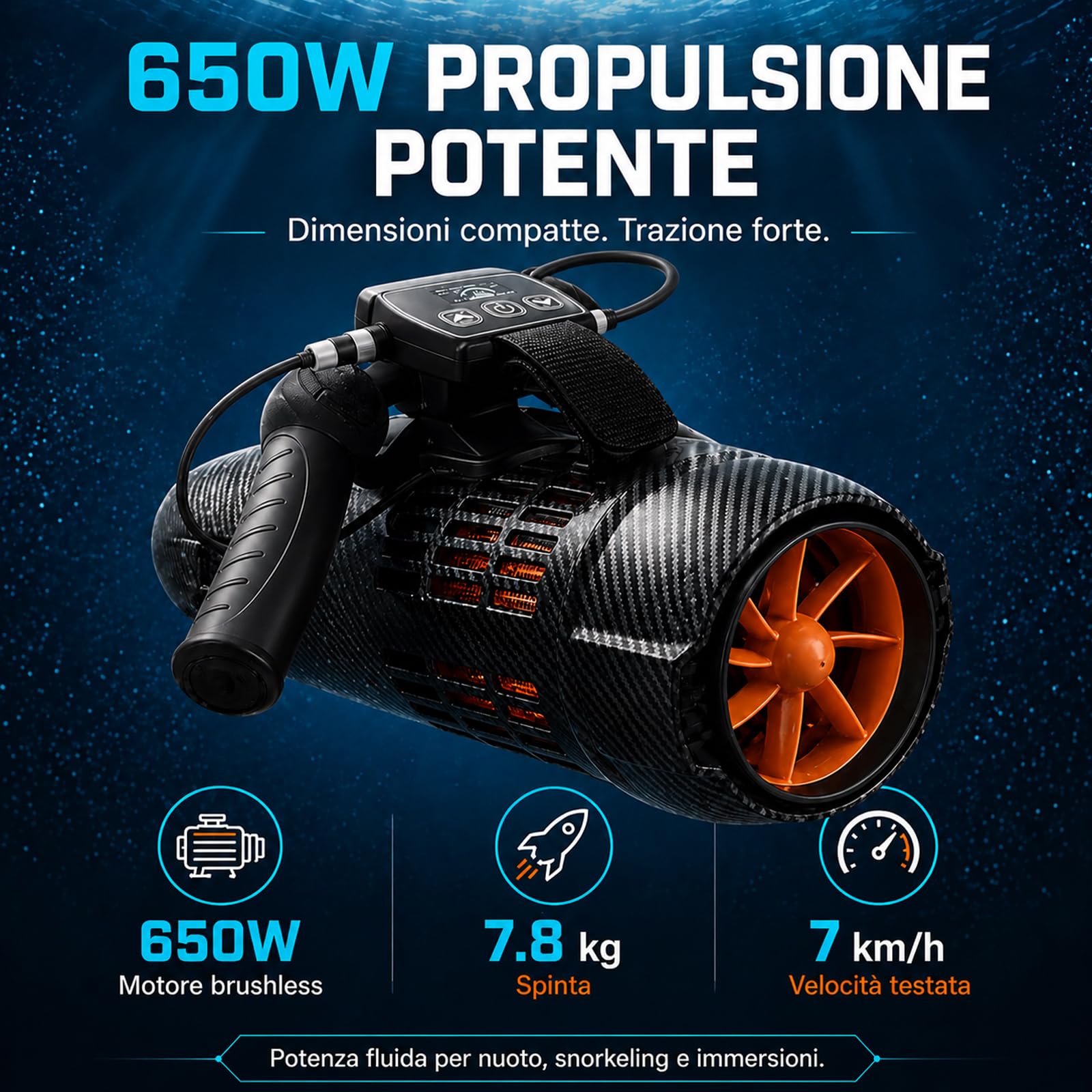 Sea Scooter 650W, velocità 7 km/h e profondità 40 m, Spinta Potente per Allenamento in Piscina Adulti, Snorkeling, Attrezzatura Subacquea e Alternativa ai Gonfiabili da Piscina