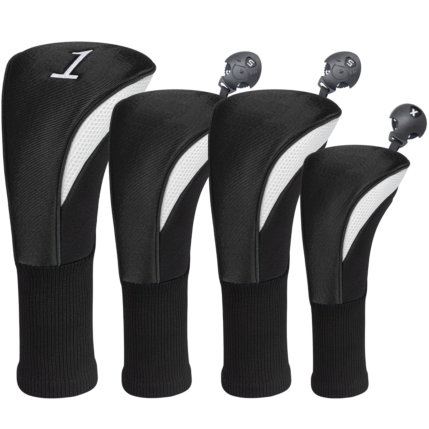 Golf Club Head Covers for Fairway Woods Driver Hybrids 3/4/5 Pieces Long Neck Mesh Sports Fan Golf Club Headcovers Set with Interchangeable No. Tags 3 4 5 6 7 X Golf Accessories for Men Women.