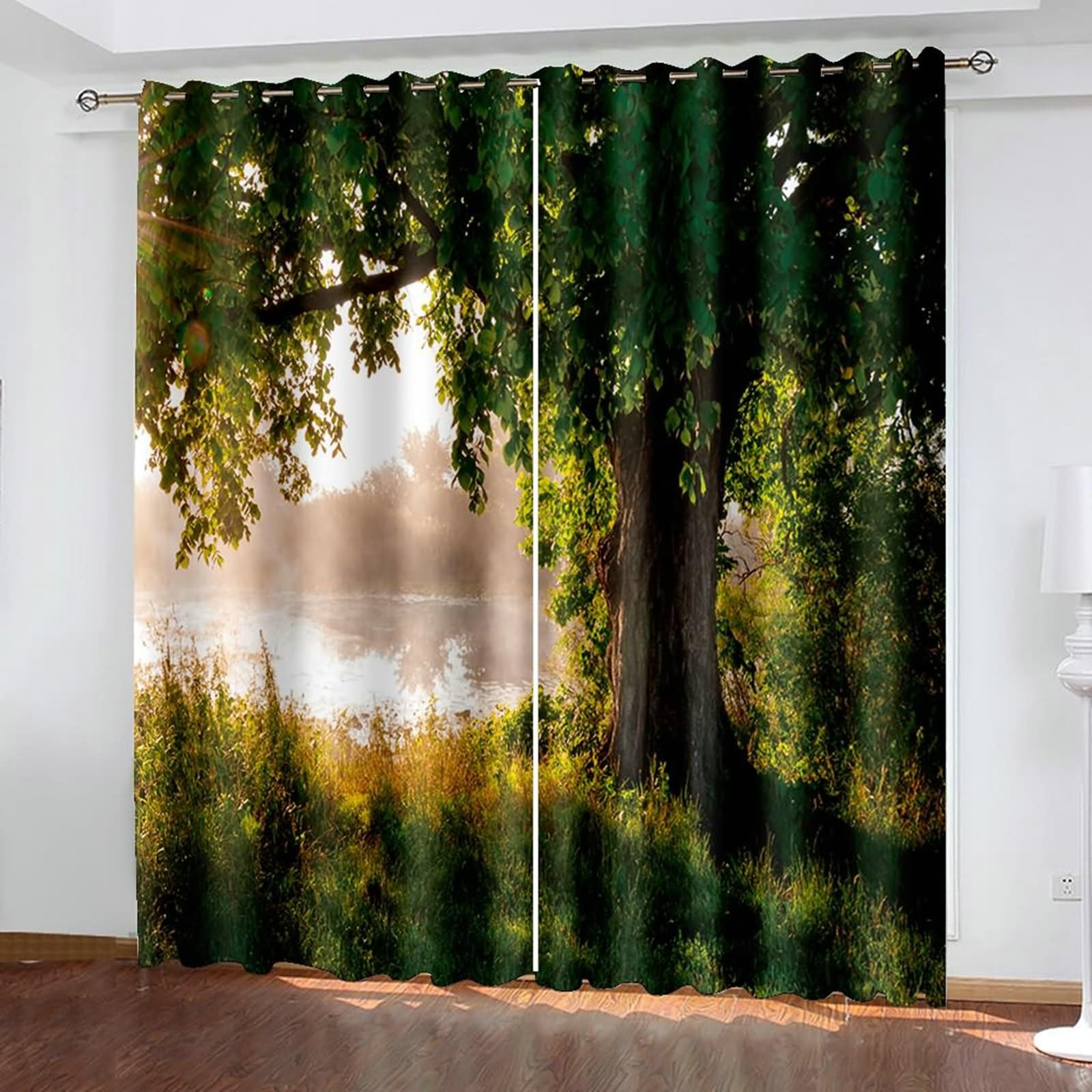 Gualiy Lot de 2 Rideaux Salon, Rideau Occultant Thermique Isolant Paysages de Lac et Arbres Rideau Vert 137x183cm