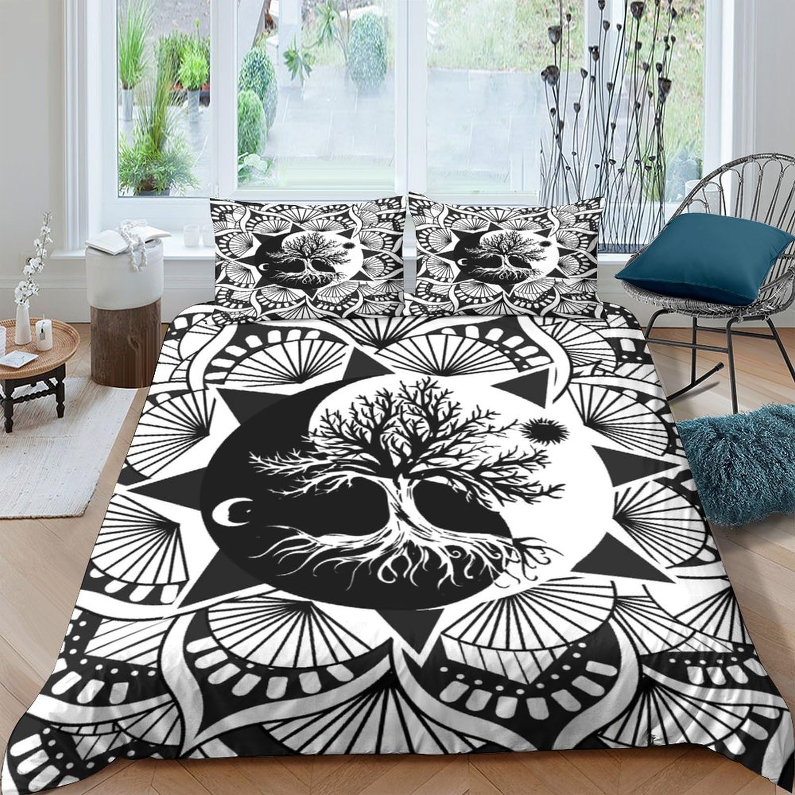 Ctjqhvkz Style-8 3D Printed Tree Of Life Fitted Sheet Microfiber Black White Sun Moon Bed Cover For Bedroom Guest Room Decor Single（135X200cm）