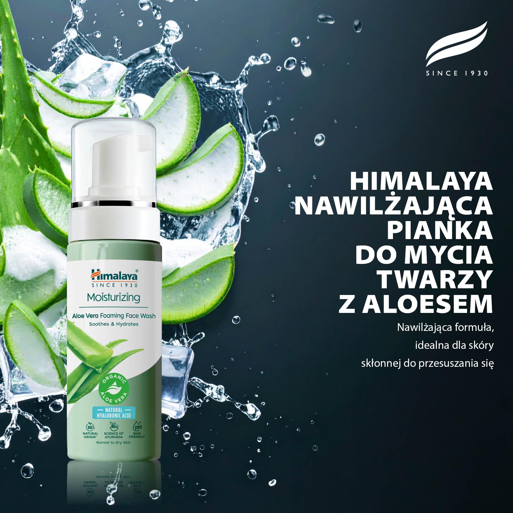 Himalaya Nawilżająca Pianka do Mycia Twarzy z Aloesem Ekologicznym i Naturalnym Kwasem Hialuronowym, do suchej i matowej skóry, 98% składników pochodzenia naturalnego, 150 ml