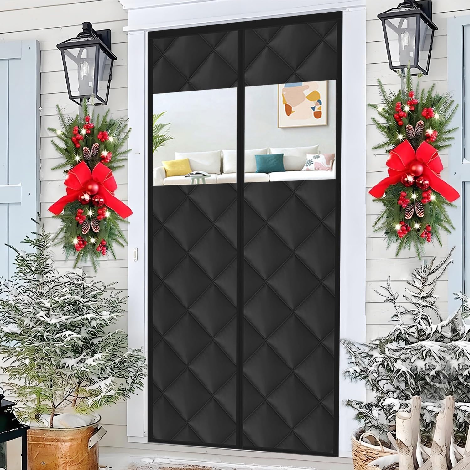 Magnet Wärmeschutzvorhang Mit Fenster, W 70-250cm Oxford Thermo Türvorhang Baumwollfüllung Thermovorhang Kälteschutz Isolierter Türvorhang Hält Warm Im Winter Kühl Im Sommer(Schwarz,90x200cm)