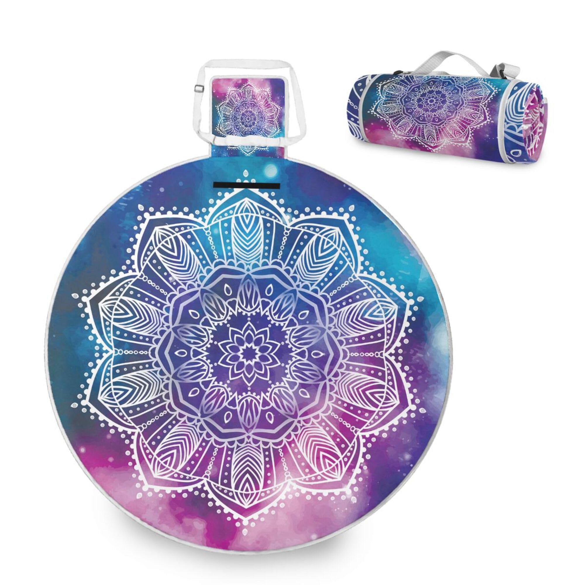 Round Waterproof Picnic Blanket, Galaxy Lotus Mandala Portable Folding Indoors Rug Outdoors Mat for Travel Hiking Camping Park, 148cm