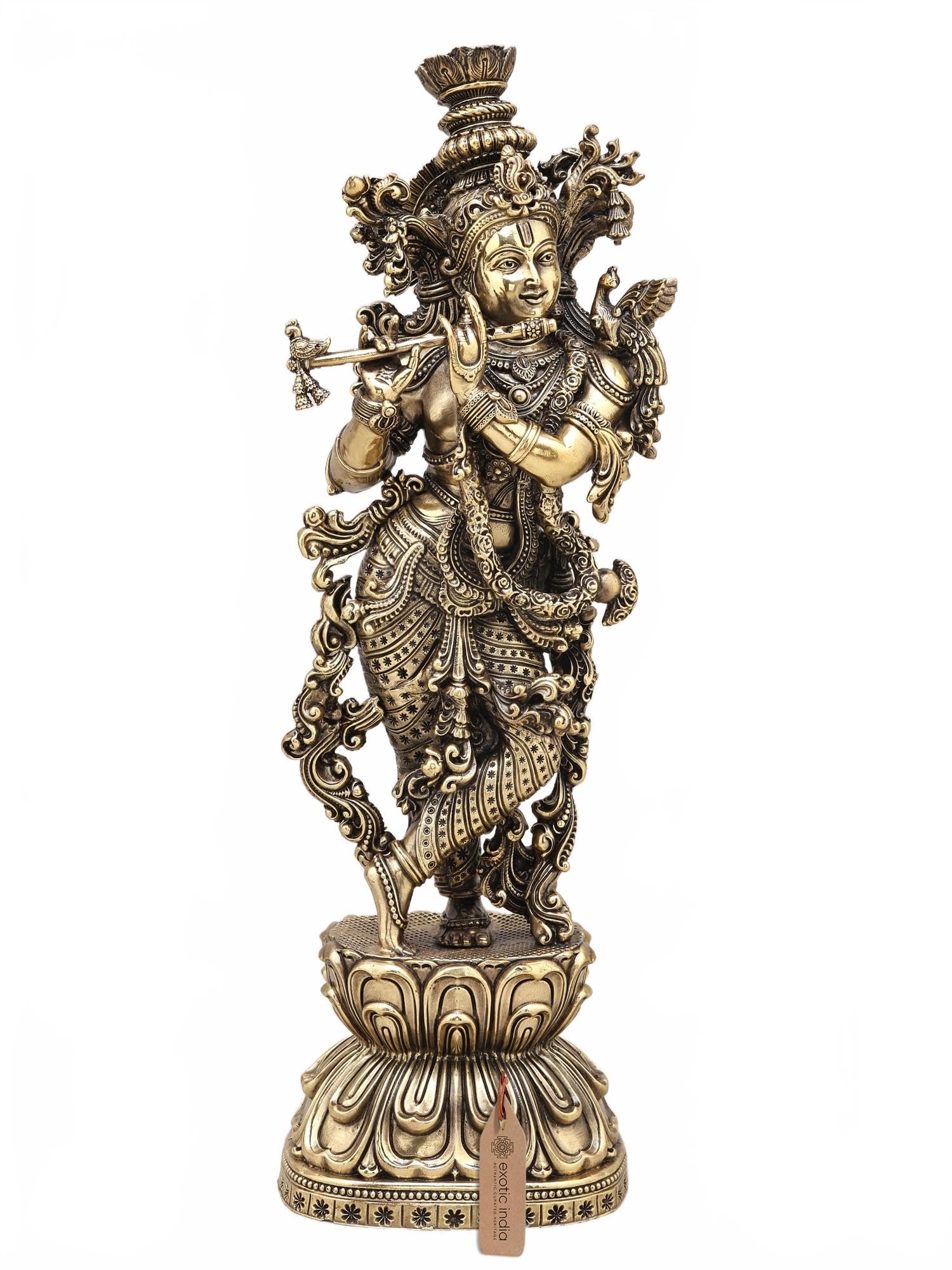 Exotic India Natural Brass Superfine Playing Flute Lord Krishna Brass Statue Idol For Pooja Room, Home, Office, Table Décor | Laddu Gopal