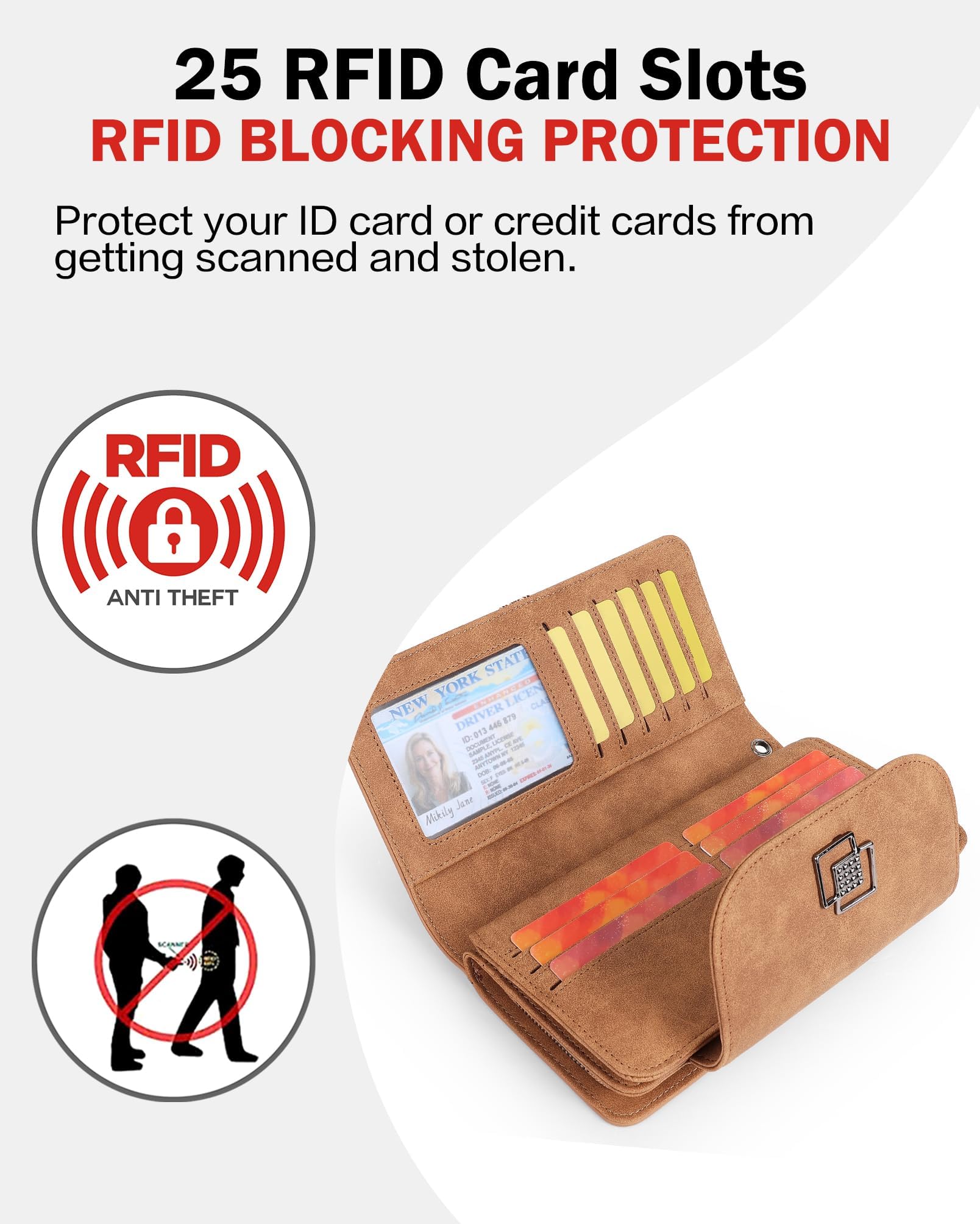 FADEON Portafogli in pelle da donna, grande, blocco RFID, a tre pieghe, con porta carte di credito