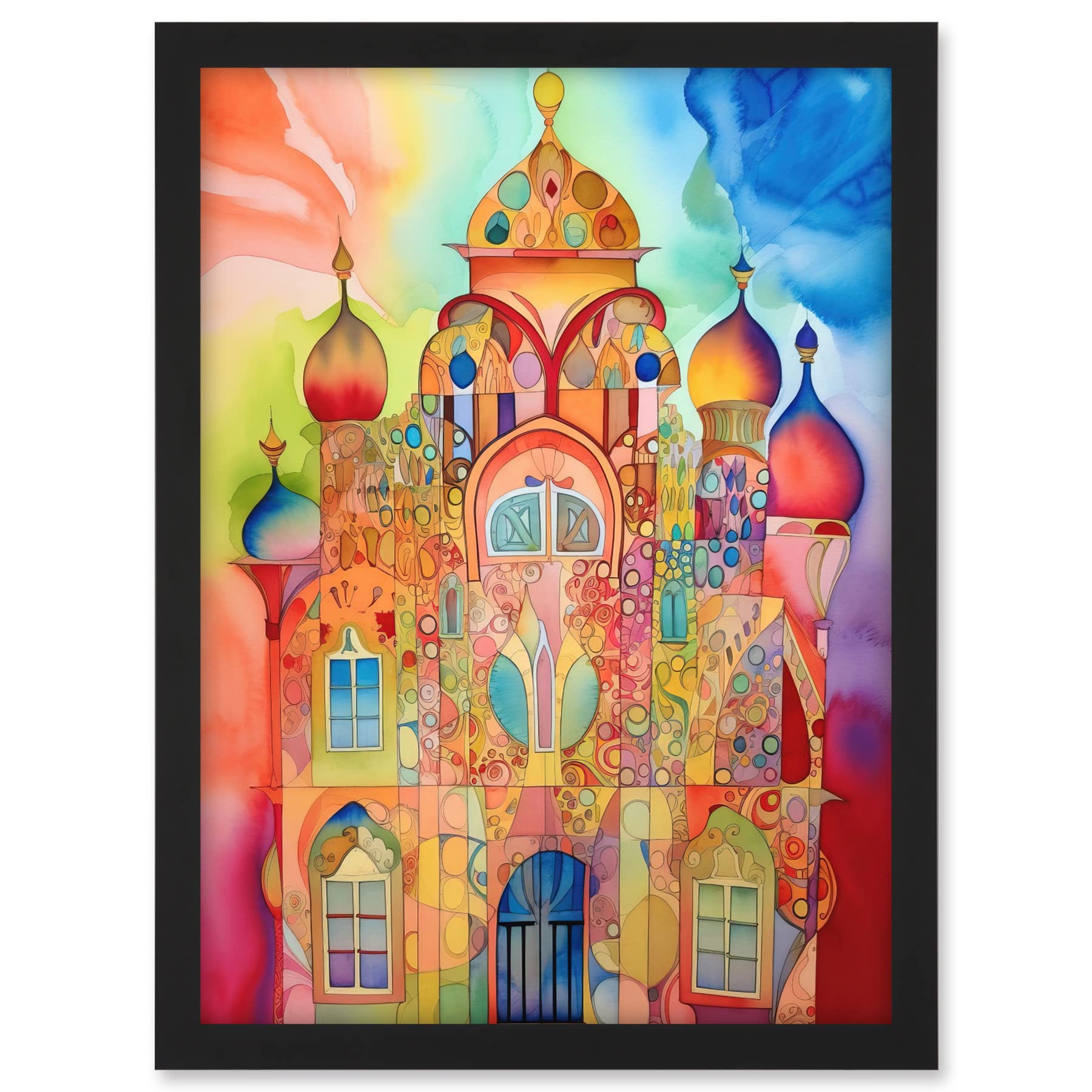 Artery8 Jewish Synagogue Decorated Building Vibrant Folk Art Watercolour Painting Artwork Framed A3 Wall Art Print