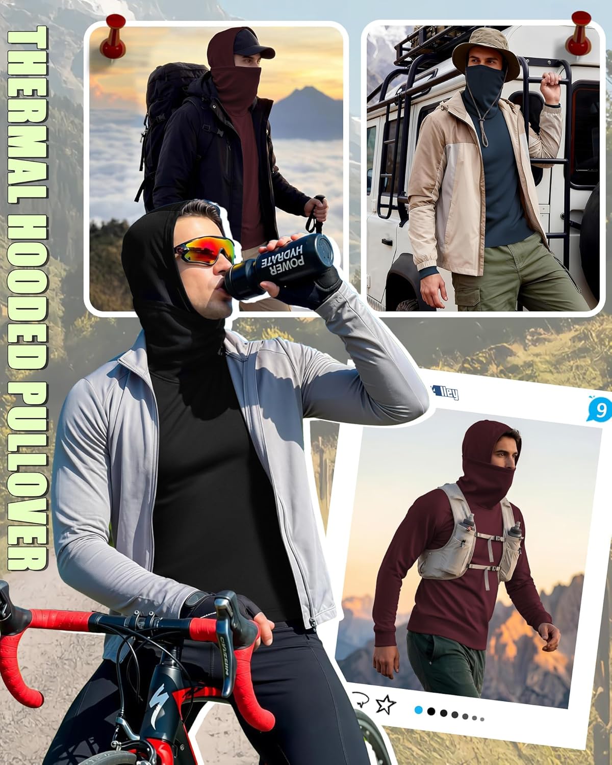 August Alley 3 Pack Men's Compression Hoodie with Face Mask Sweatshirt Long Sleeve Hooded Pullover Base Layer Active Shirts