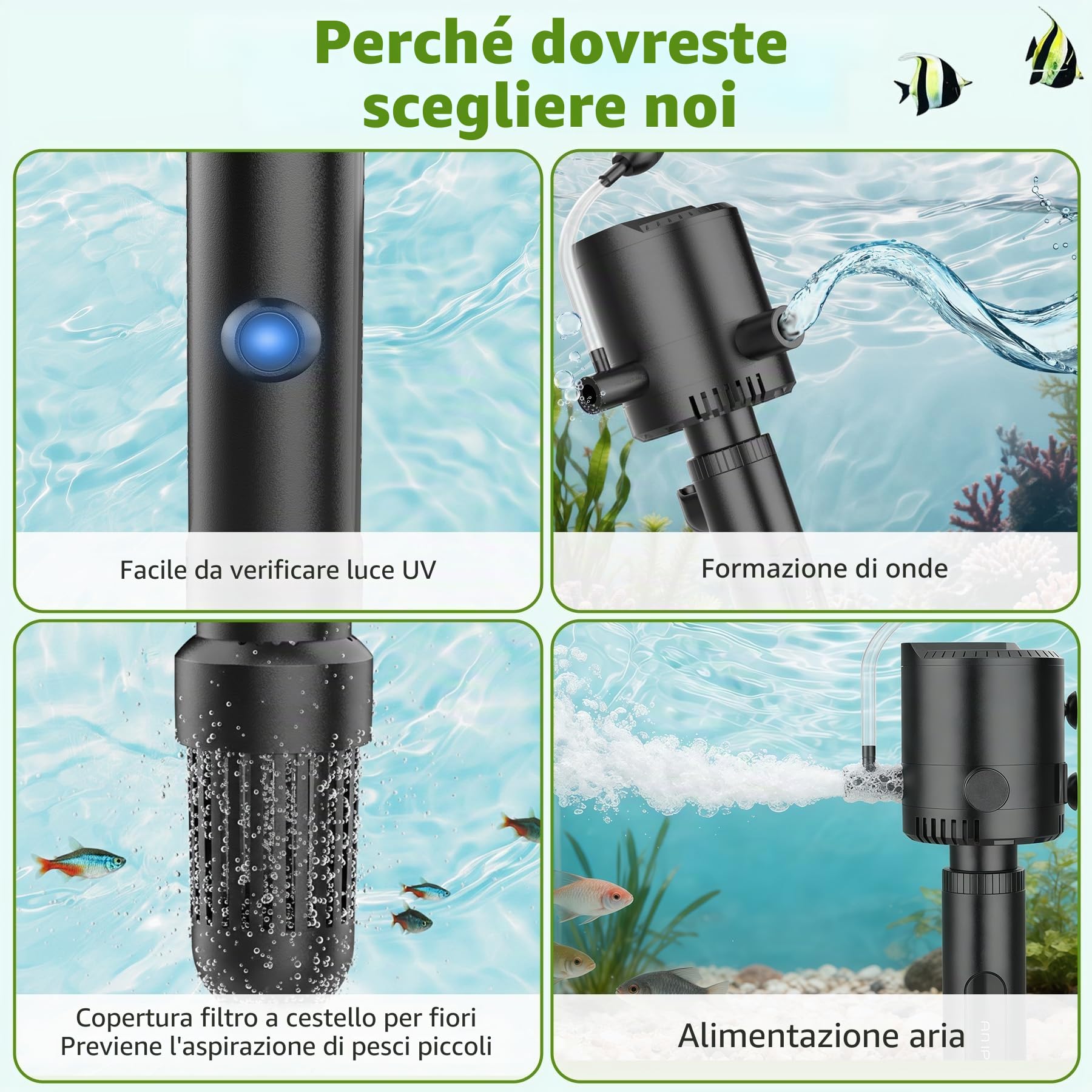 OMECO Filtro interno per acquario 5-in-1 con sterilizzatore UV-V da 6W e timer, chiarificatore UVC da 500L/H, filtro per acquario per acquari da 60L-150L, pompa per acquario con aerazione e doccia a